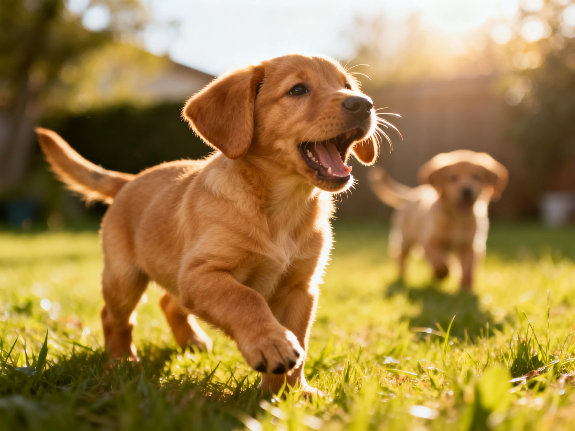 Two golden retriever puppies frolic on a sun-drenched green lawn