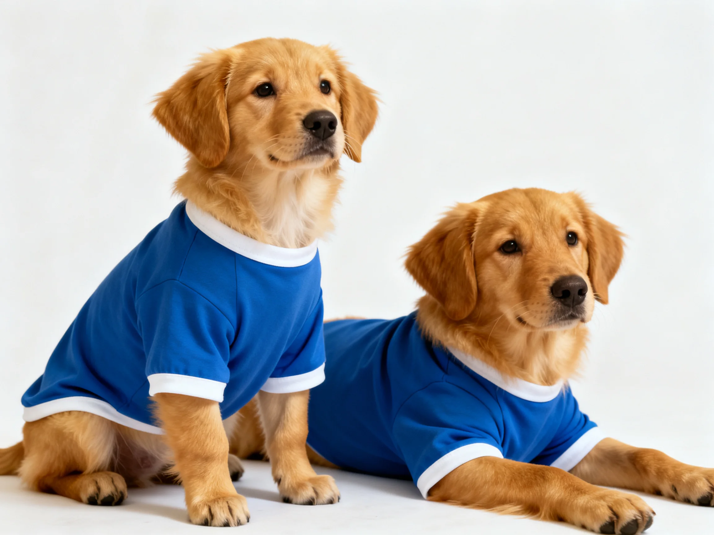 Two golden retriever puppies in blue shirts sit on a white backdrop.