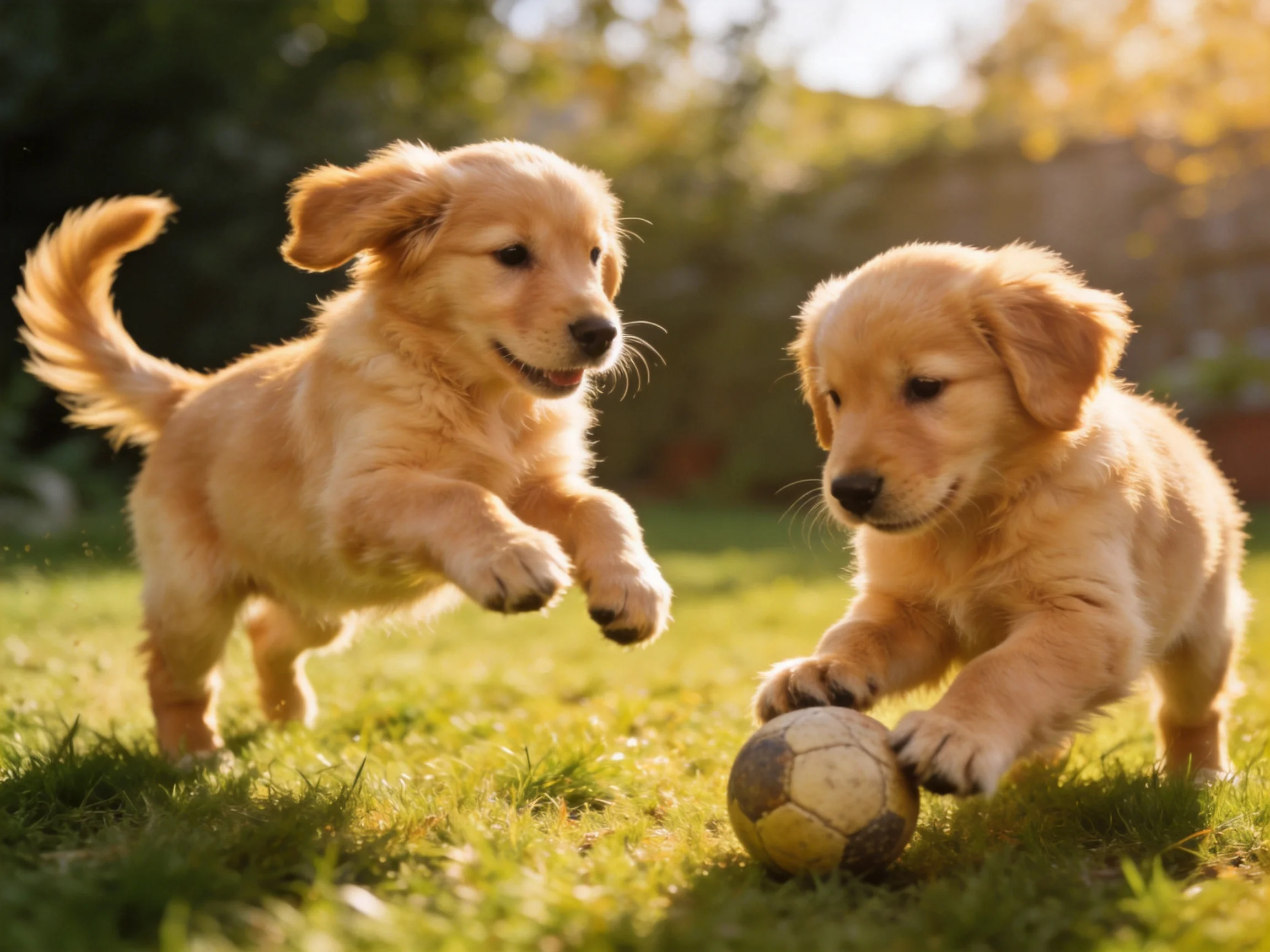 Two golden retriever puppies play with a soccer ball on green grass