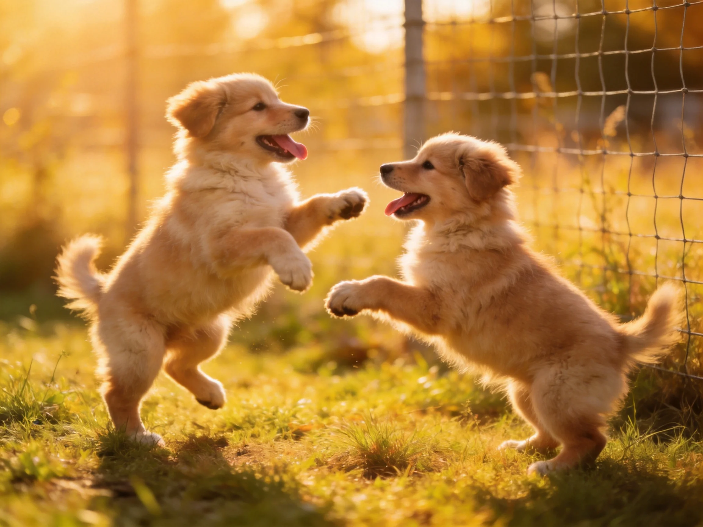 Two golden retriever puppies playfully interacting near a wire fence