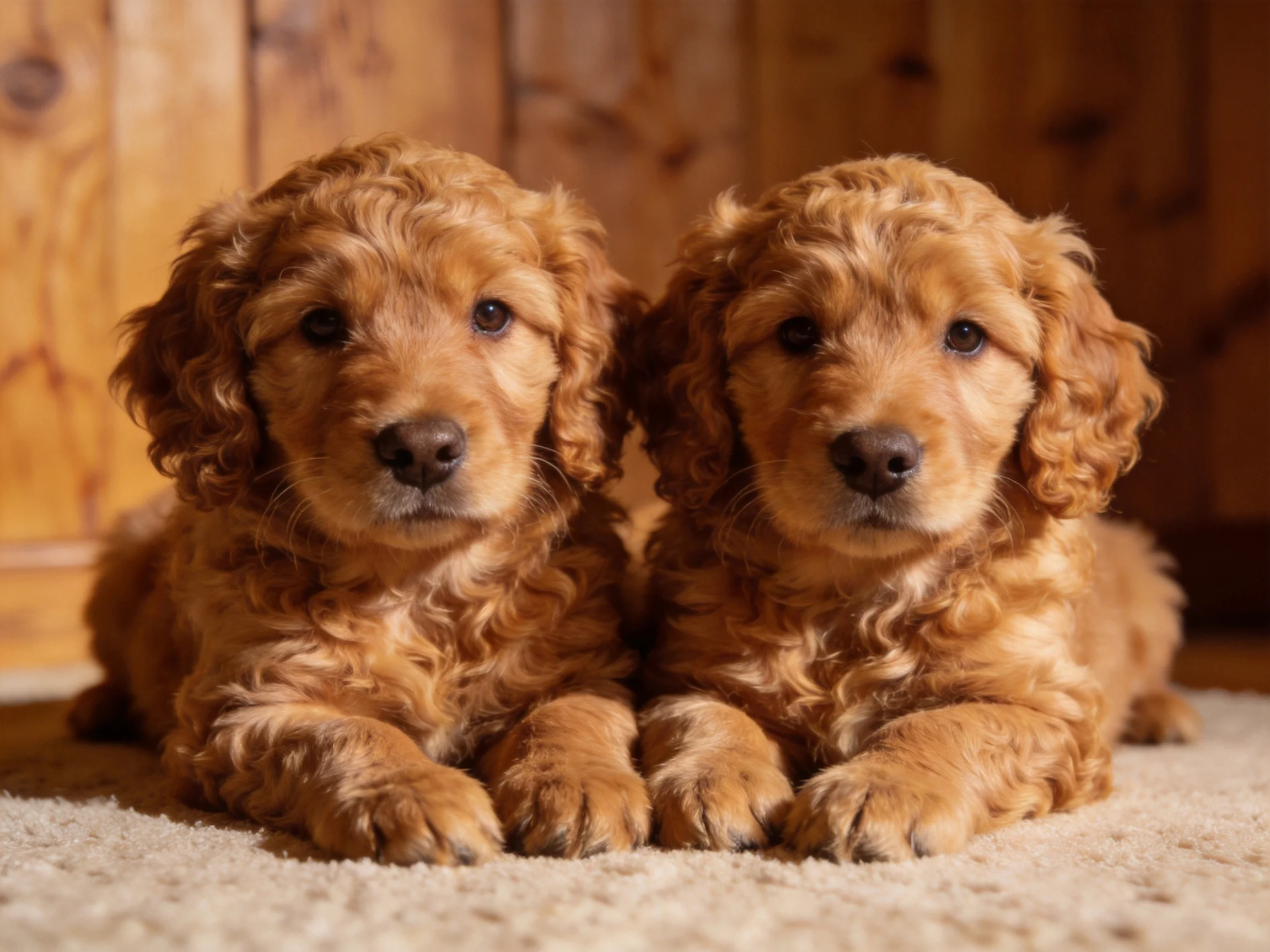 Two golden retriever puppies rest together on a carpet near wooden walls