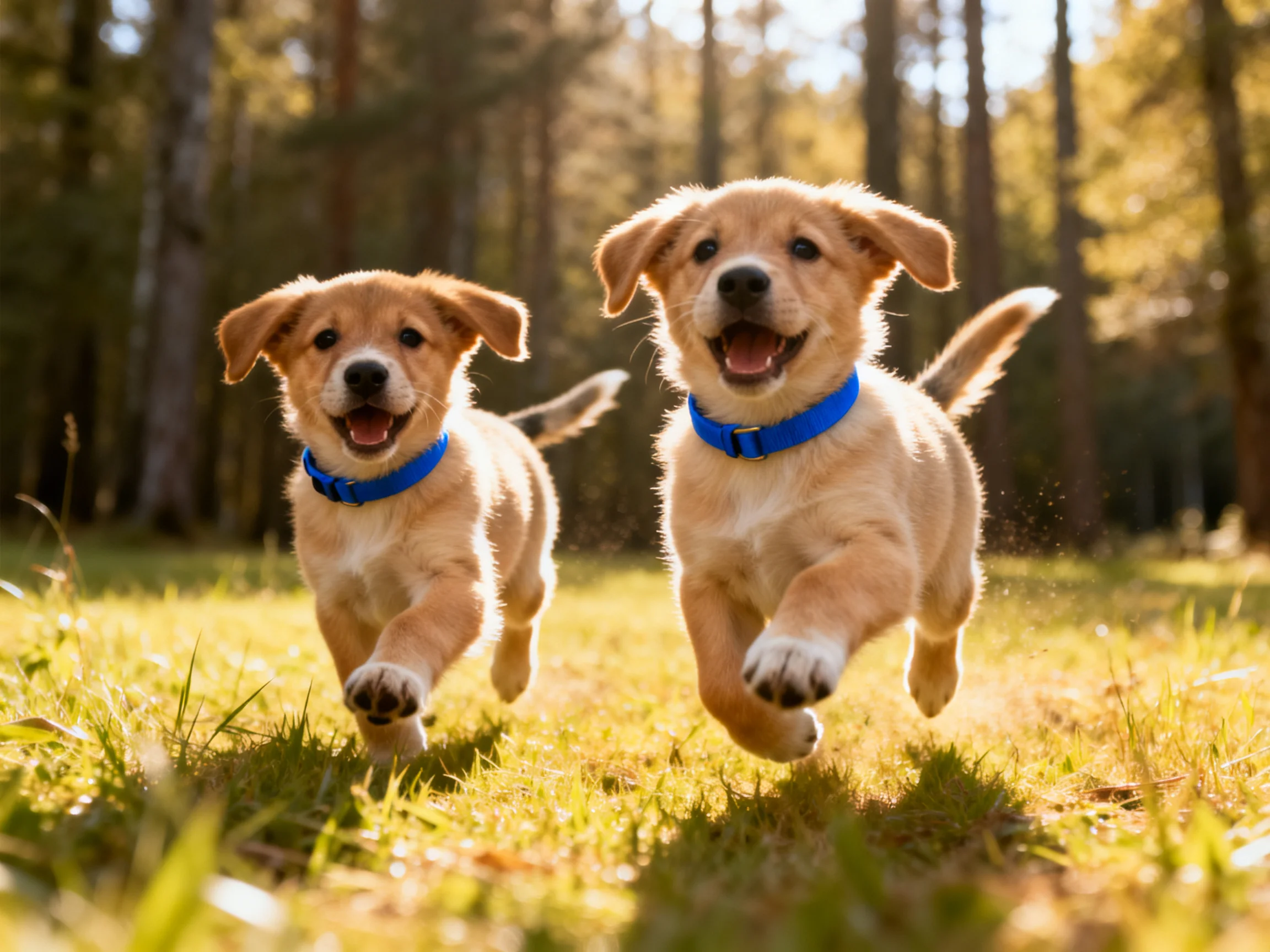 Two golden retriever puppies run joyfully in a sunlit forest clearing
