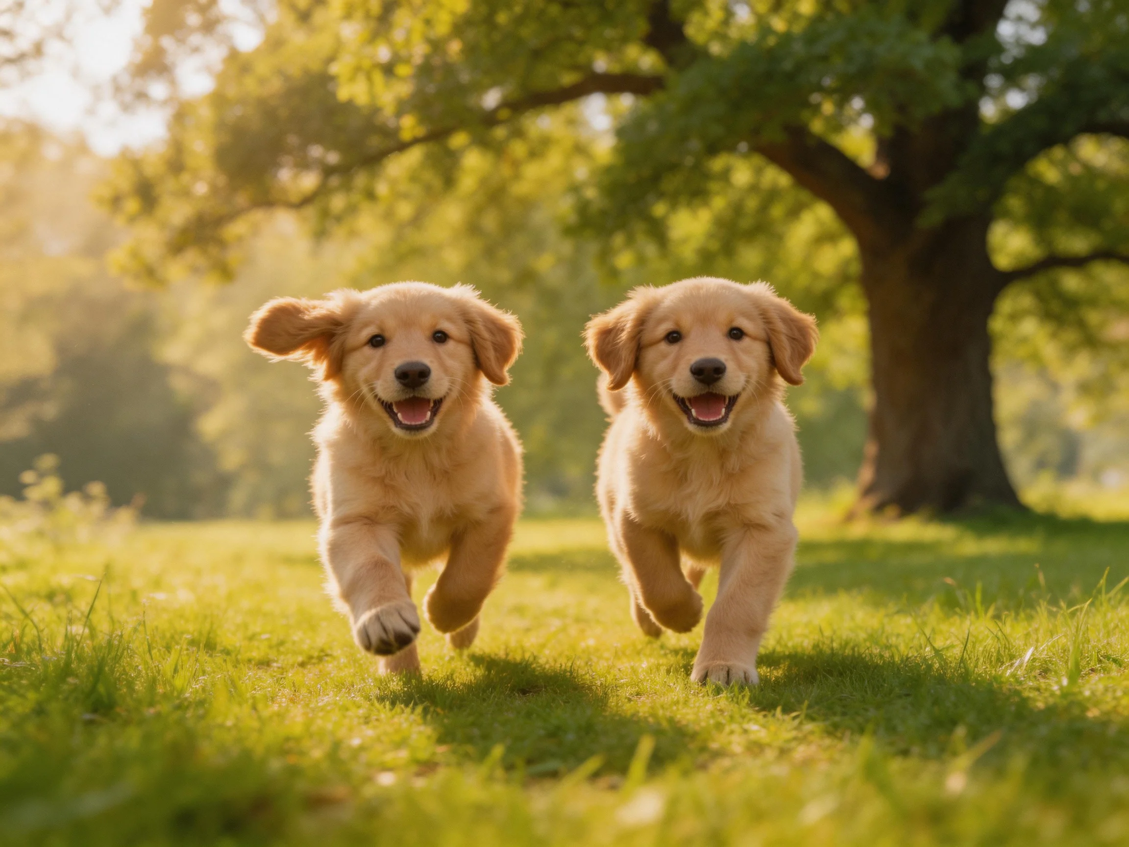 Two golden retriever puppies run joyfully on sunlit grass near a large tree