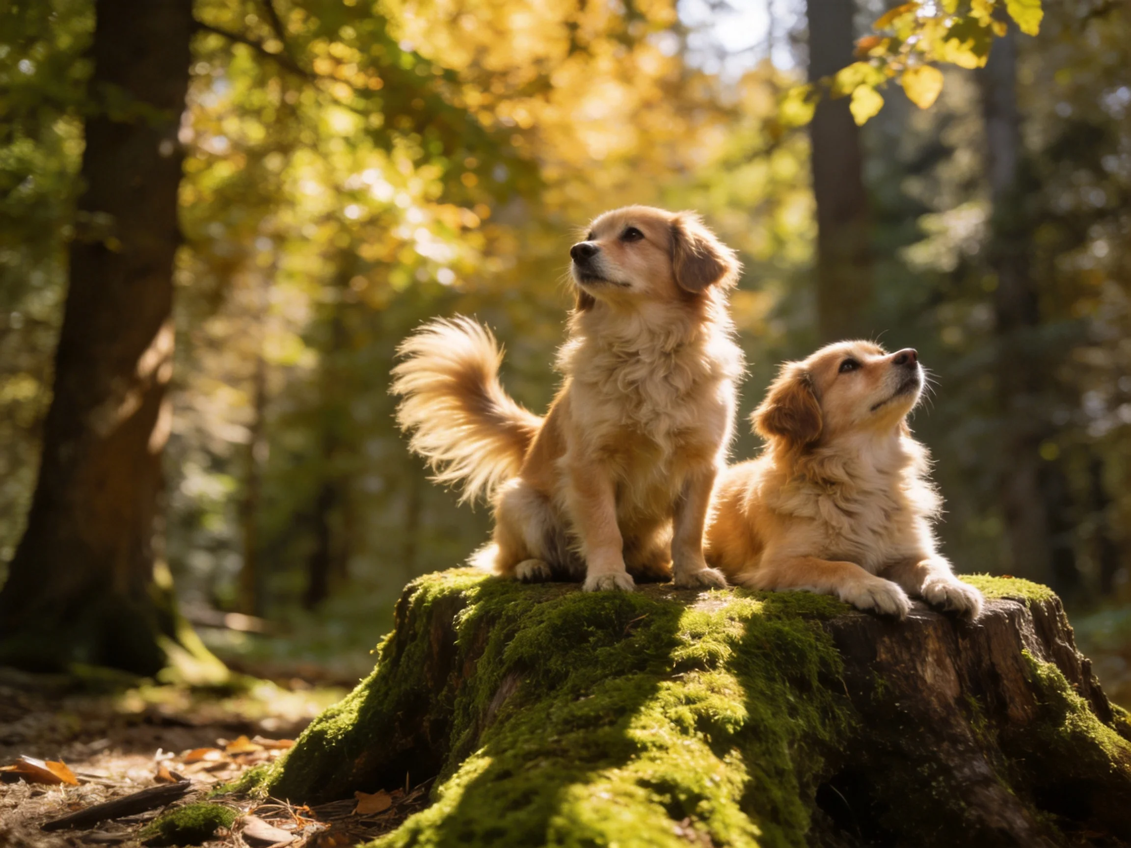 Two golden retriever puppies sit on a moss-covered tree stump in a sunlit forest