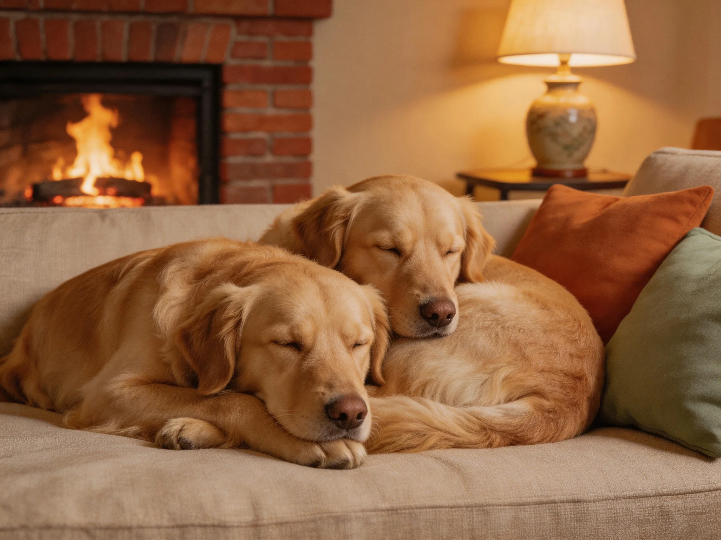 Two golden retrievers cuddle on a beige couch beside a brick fireplace