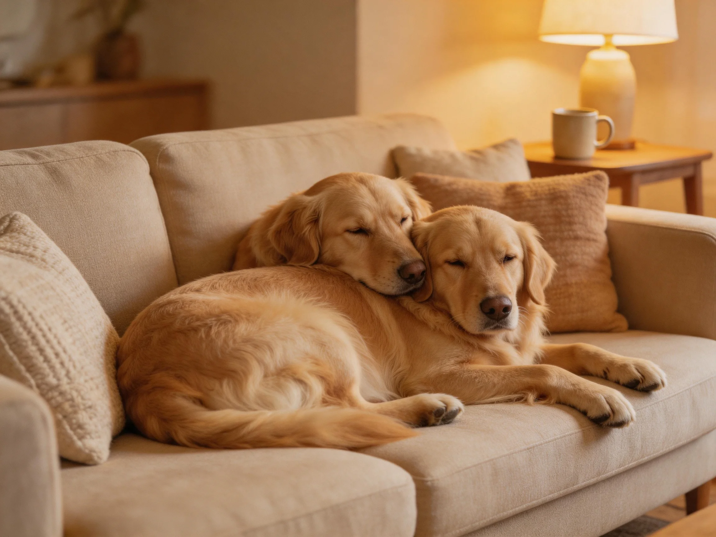 Two golden retrievers cuddle on a beige sofa in a cozy living room