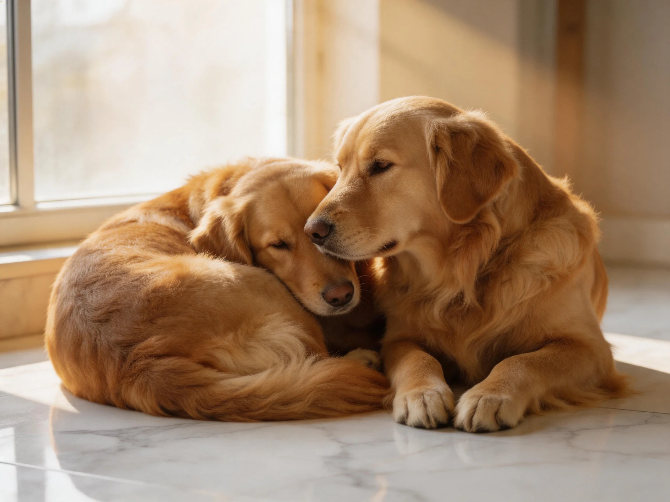 Two golden retrievers cuddle together near a sunlit window.