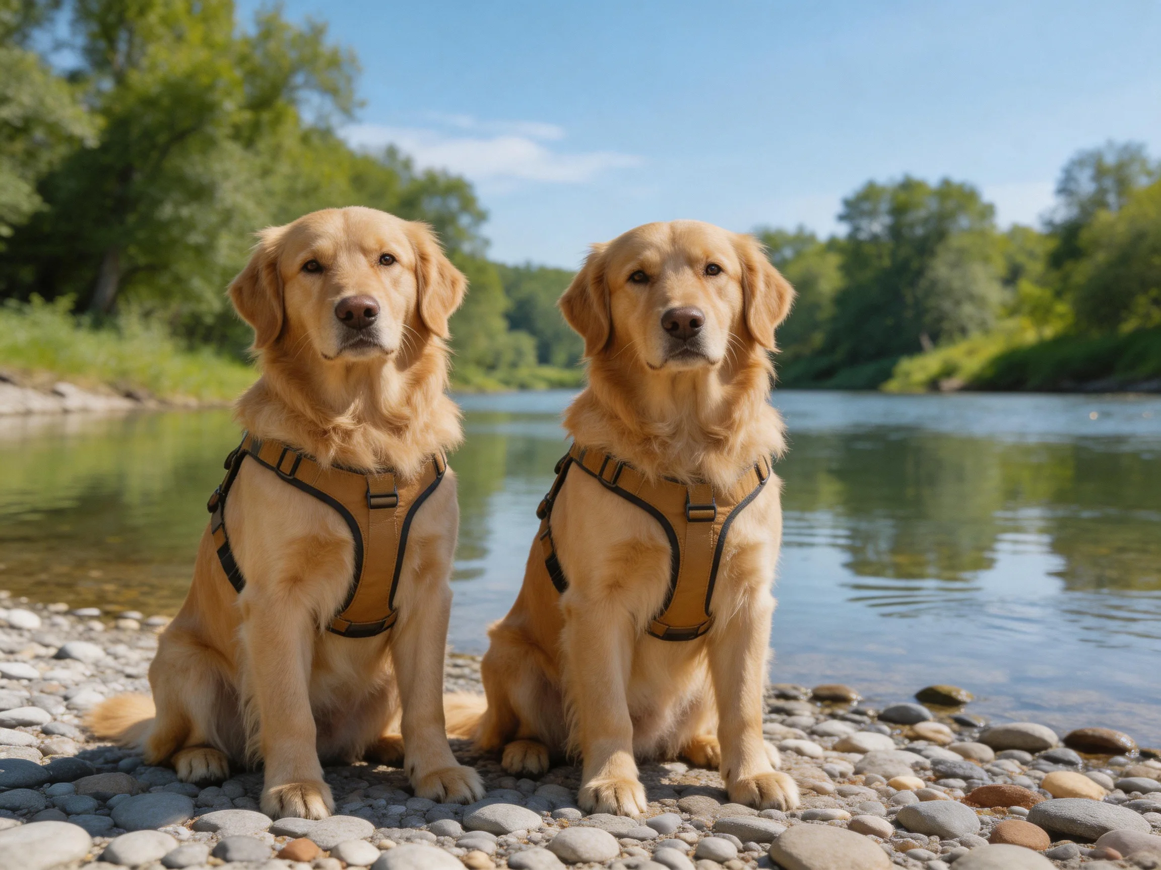 Two golden retrievers in brown harnesses sit on a pebbly shore by a calm river
