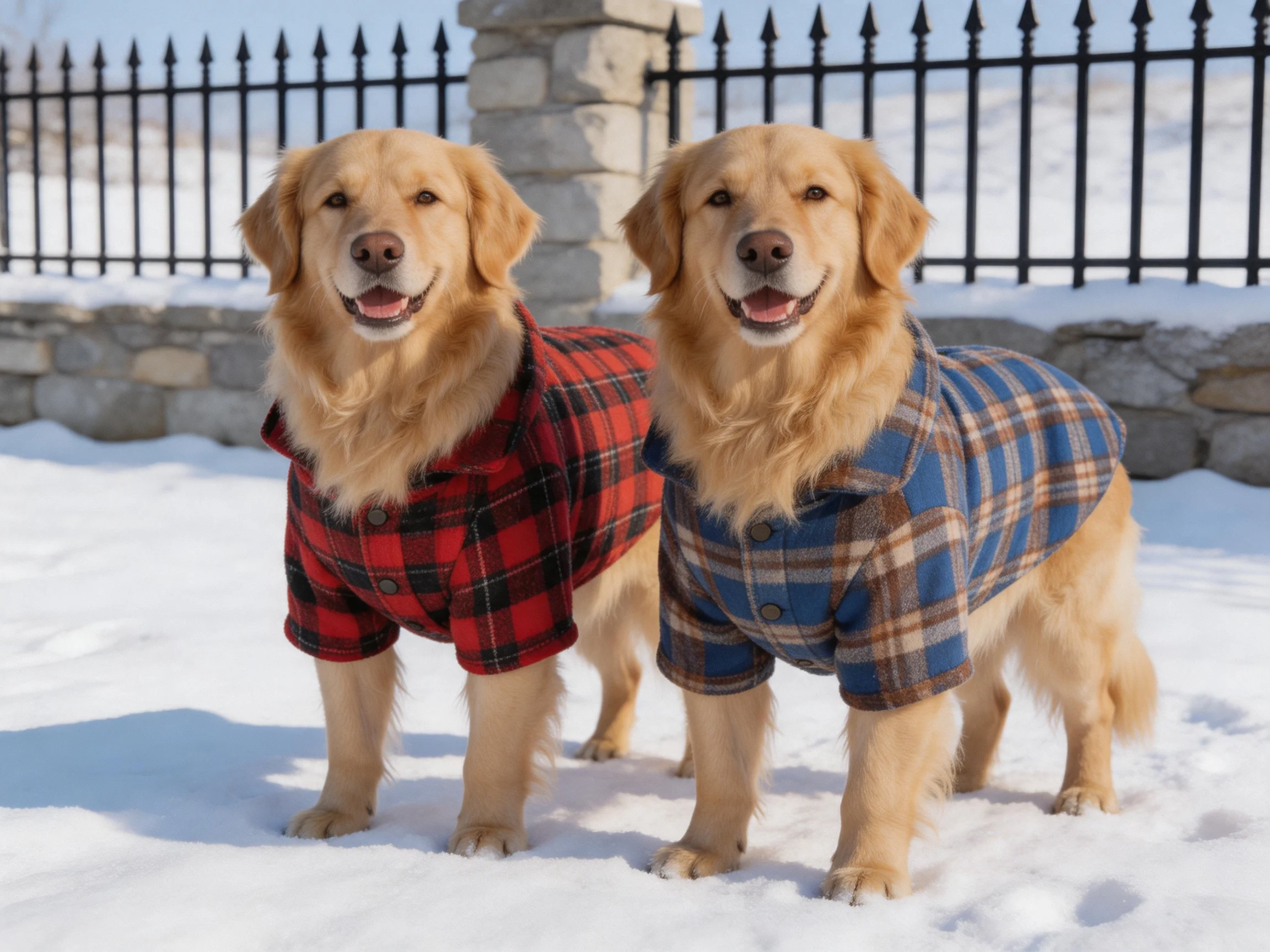 Two golden retrievers in plaid coats stand on snow near a fence