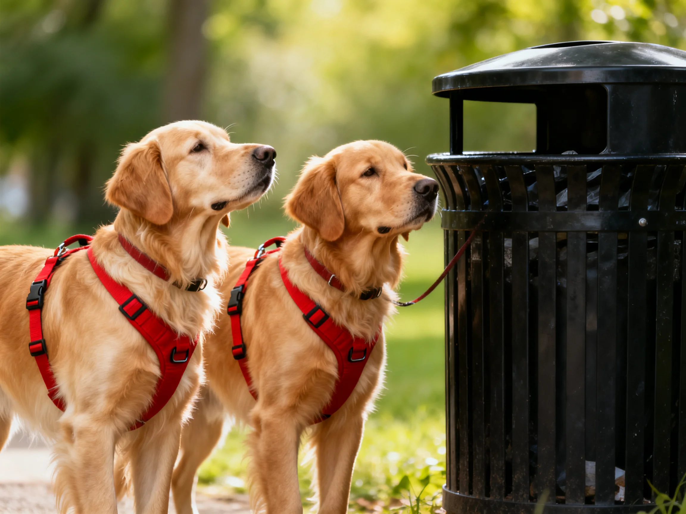 Two golden retrievers in red harnesses examine a black park trash bin