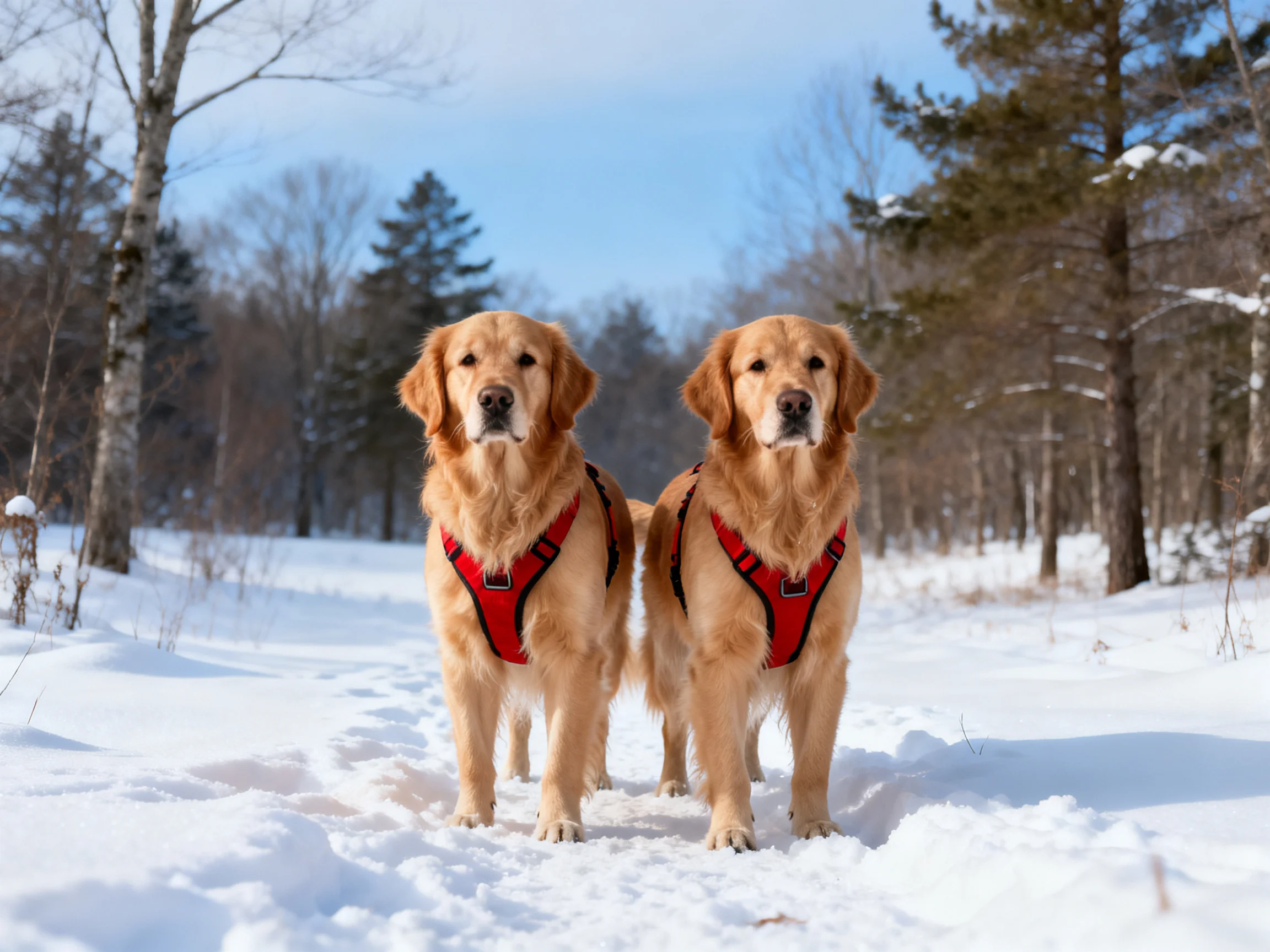 Two golden retrievers in red harnesses stand on a snowy path