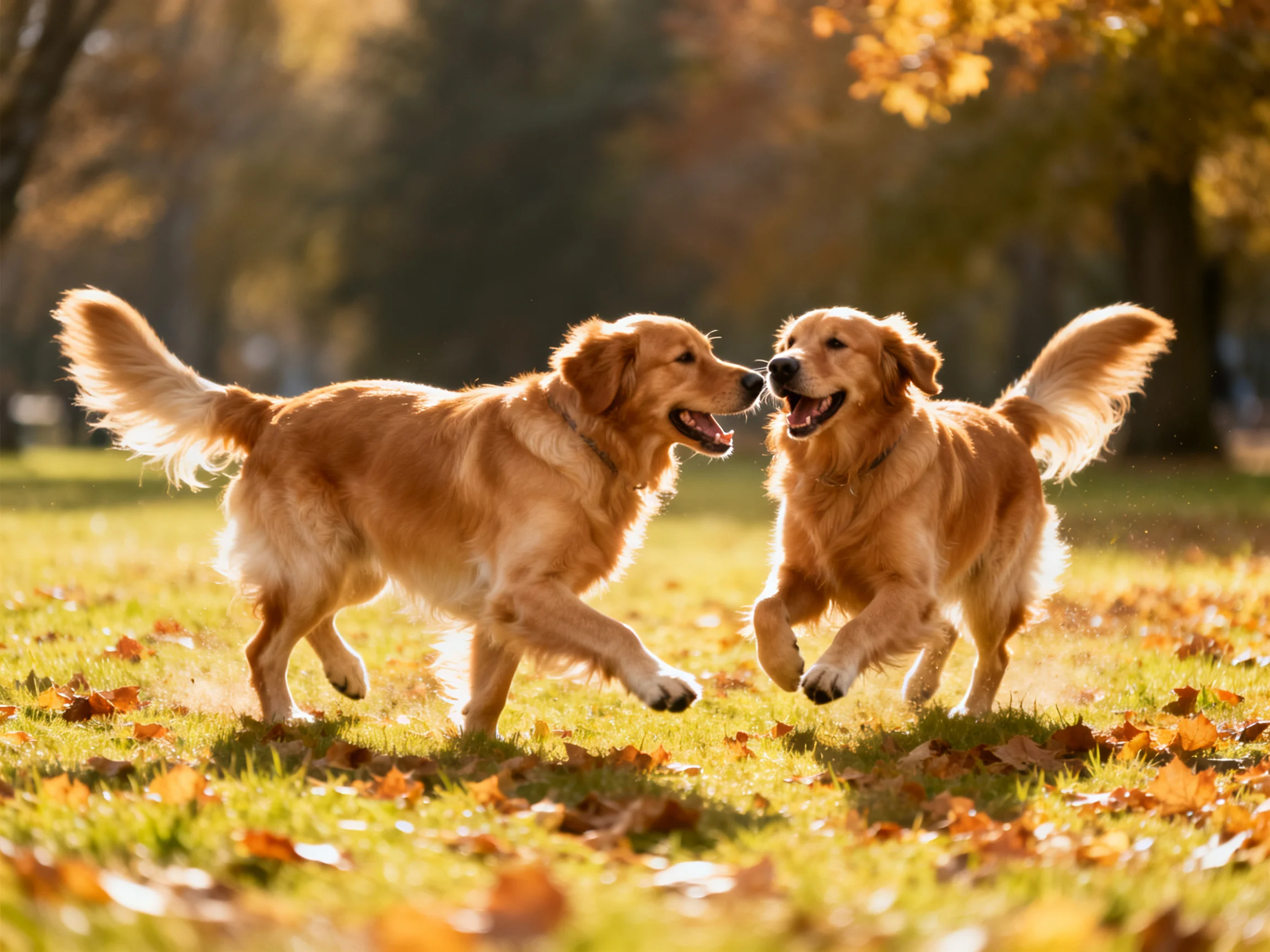 Two golden retrievers joyfully interact amid fallen autumn leaves