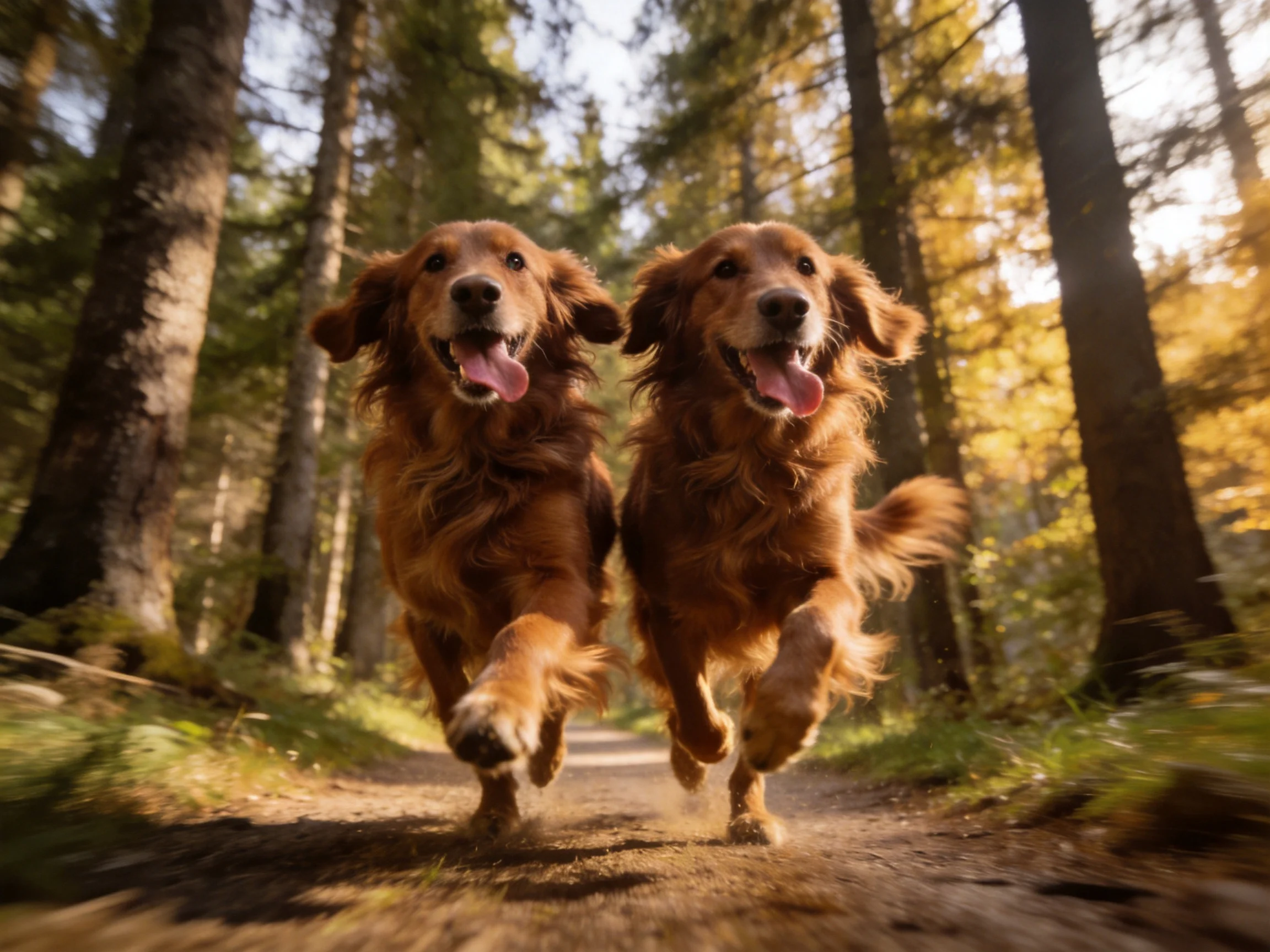 Two golden retrievers joyfully run along a sunlit forest trail