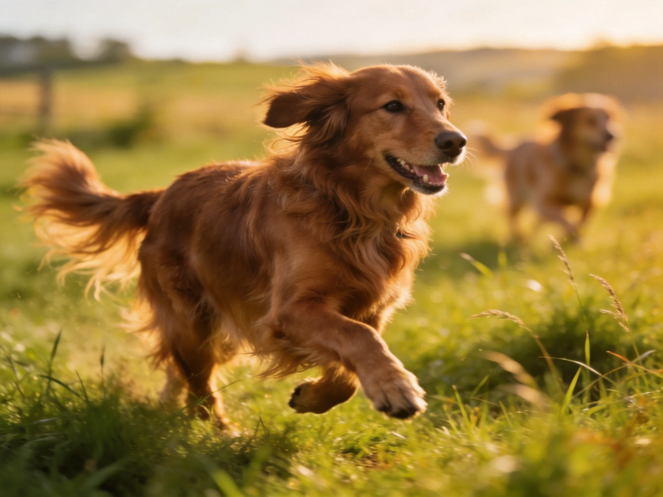 Two golden retrievers run energetically in a sunlit meadow.