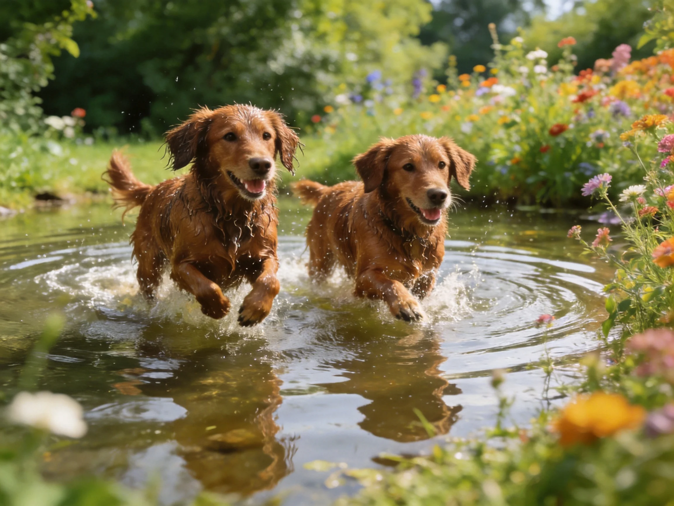 Two golden retrievers joyfully run through shallow water near colorful blooms