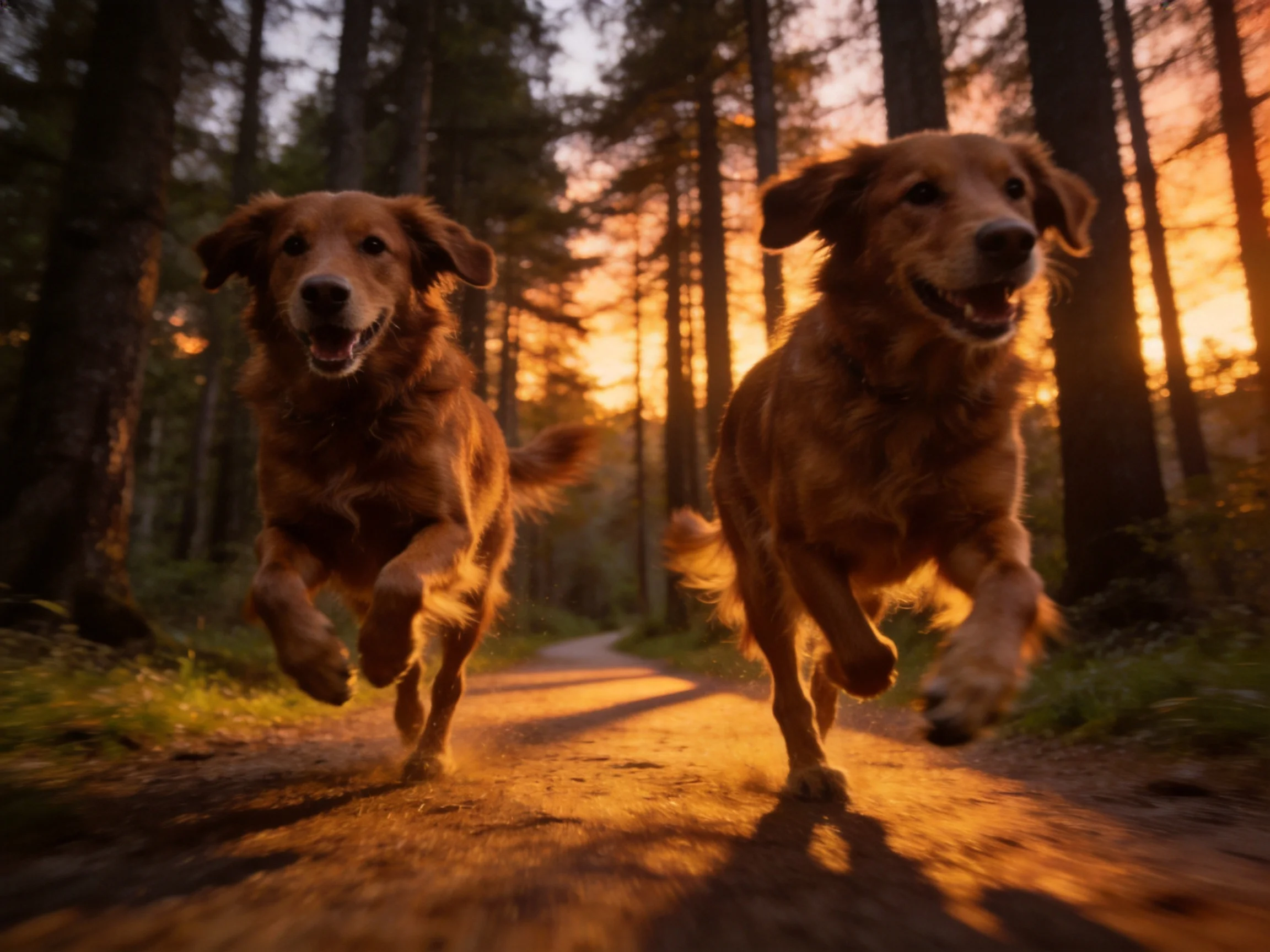 Two golden retrievers joyfully running along a forest path at sunset