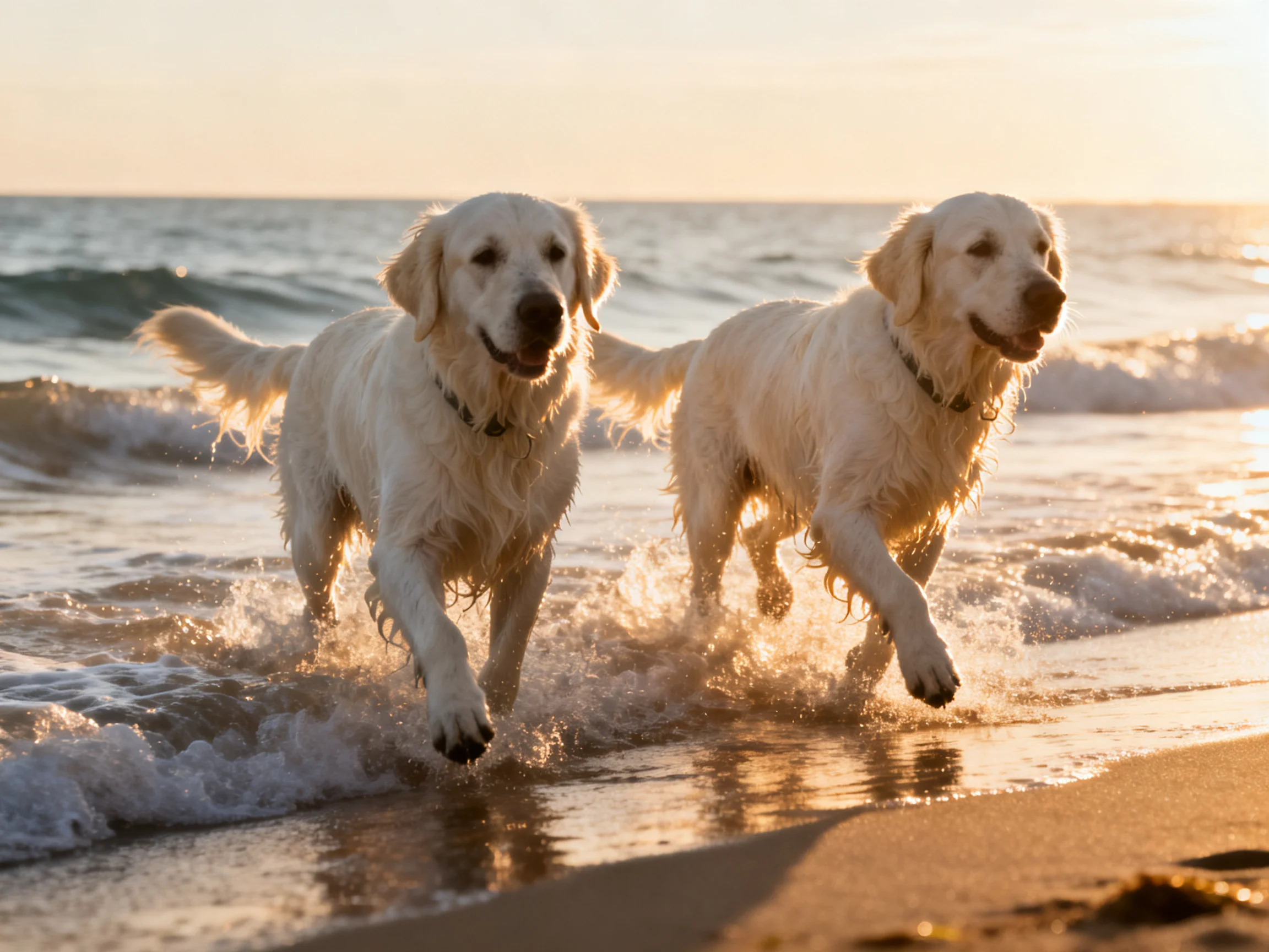Two golden retrievers joyfully running along shoreline waves