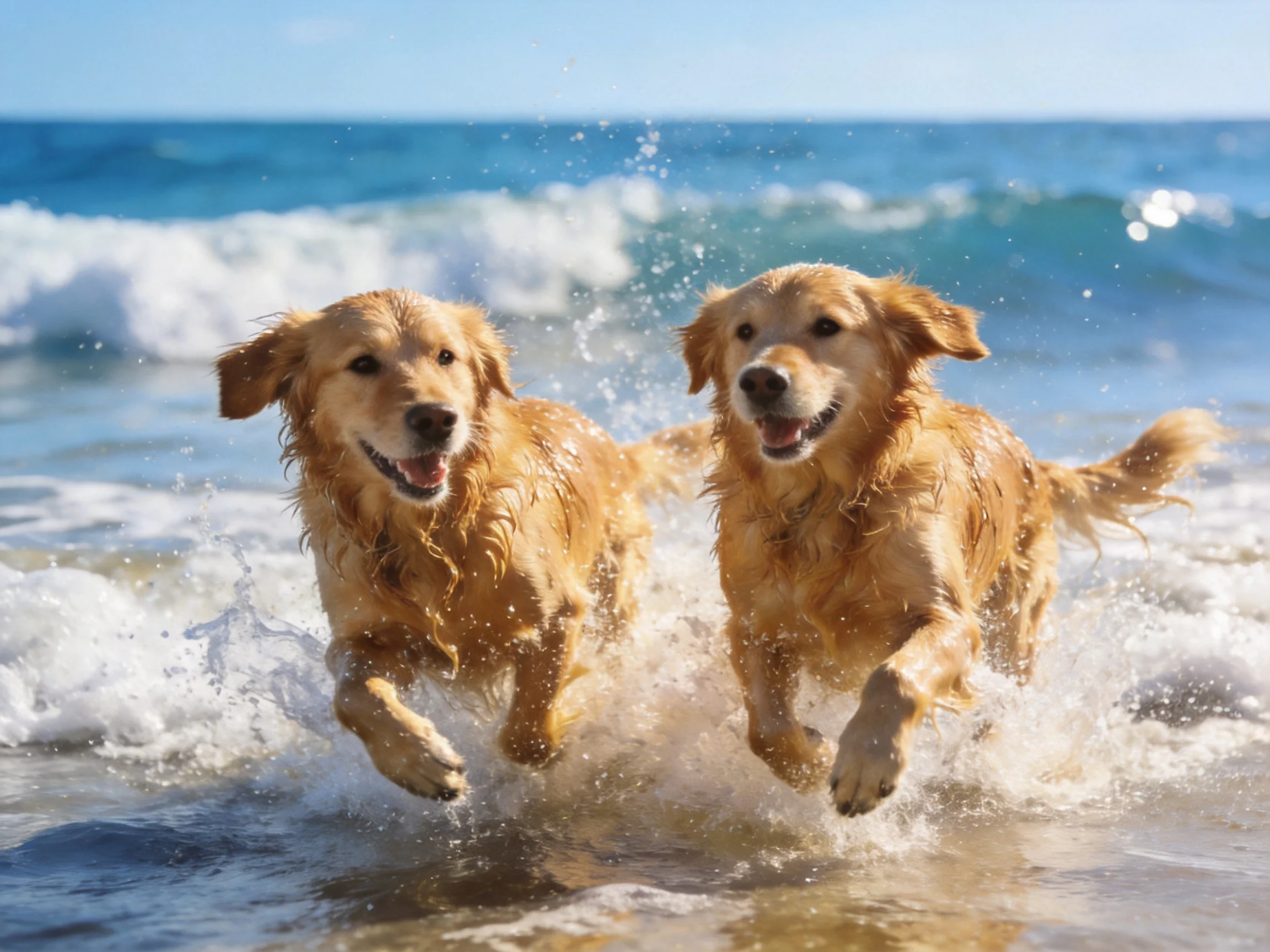 Two golden retrievers joyfully running through crashing blue ocean waves