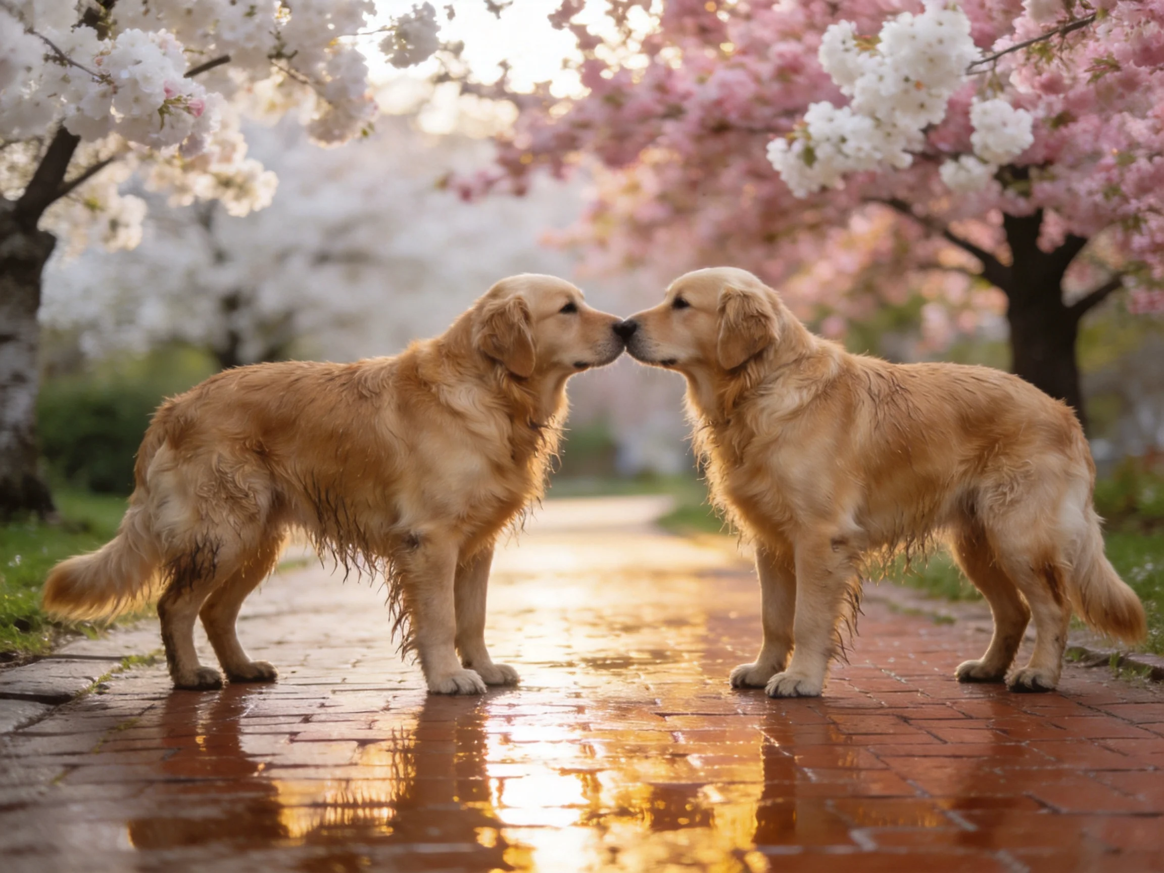 Two golden retrievers nuzzle by blooming pink and white cherry trees