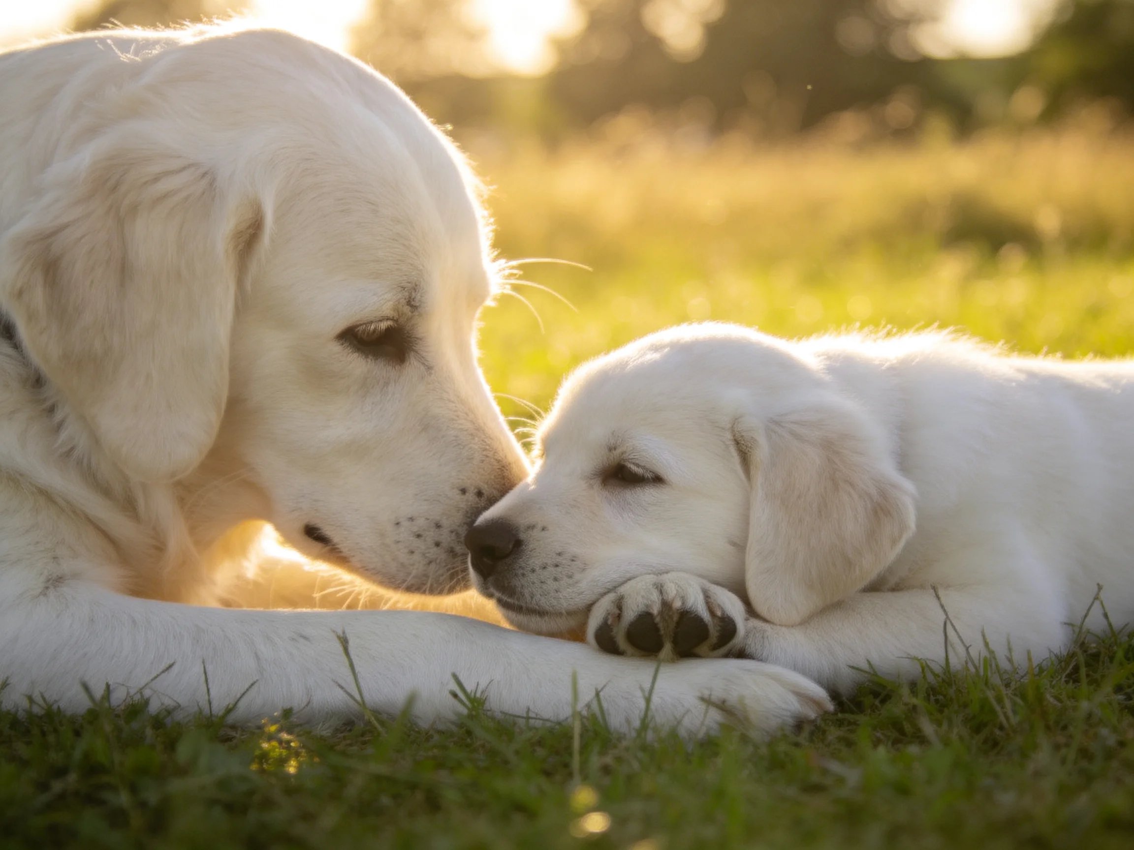 Two golden retrievers nuzzle on sunlit green grass