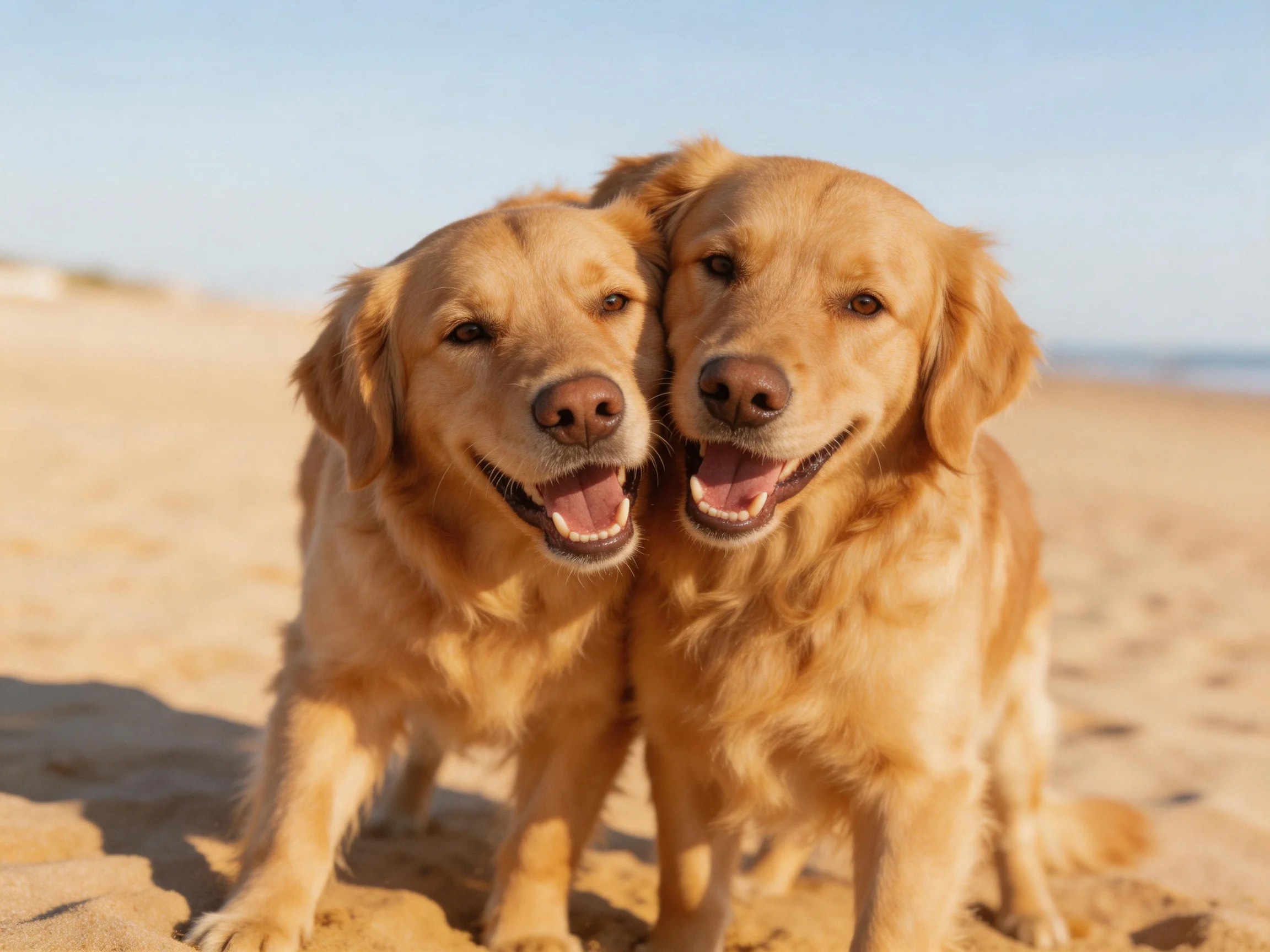 Two golden retrievers nuzzle together on a sunny sandy beach
