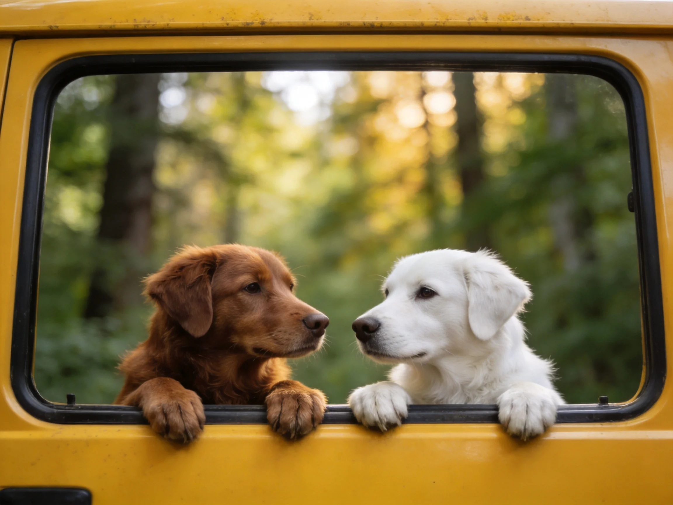 Two golden retrievers peer out of a bright yellow truck window into a sunlit forest