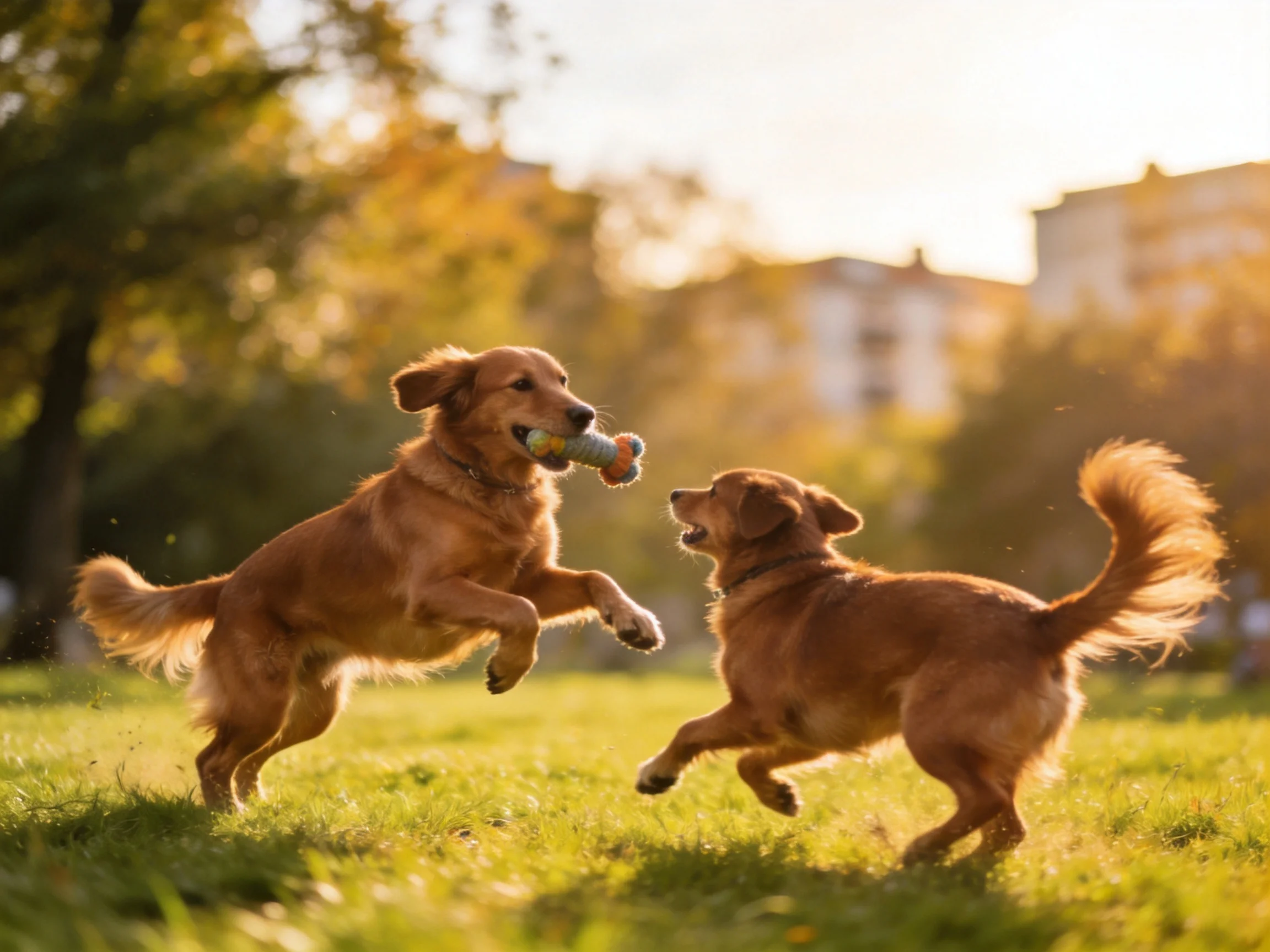 Two golden retrievers interact with a toy in a sunlit park.