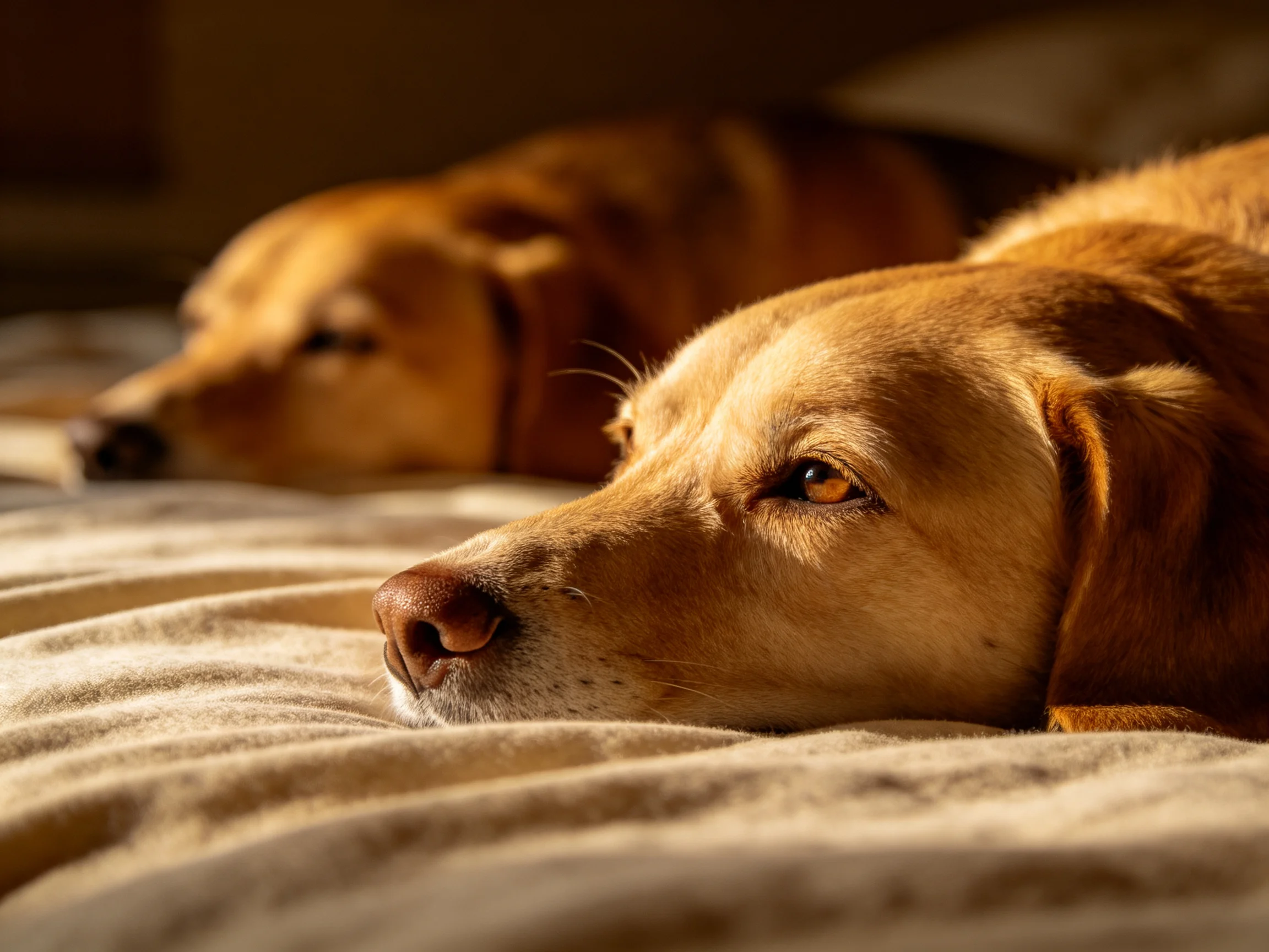 Two golden retrievers relax on a soft beige bedspread