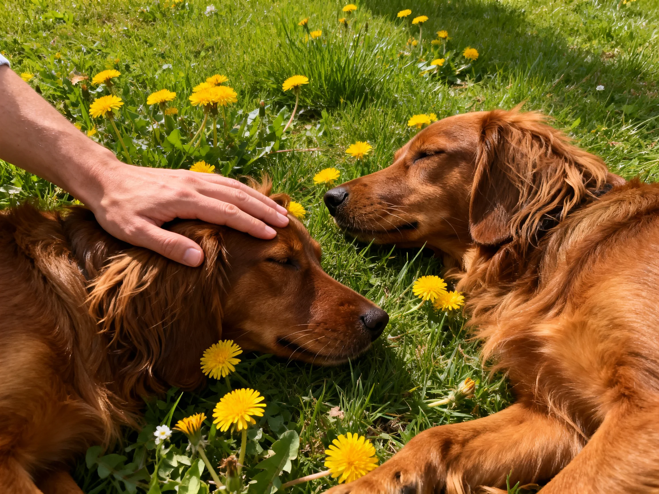 Two golden retrievers rest amid yellow dandelions with a hand petting one