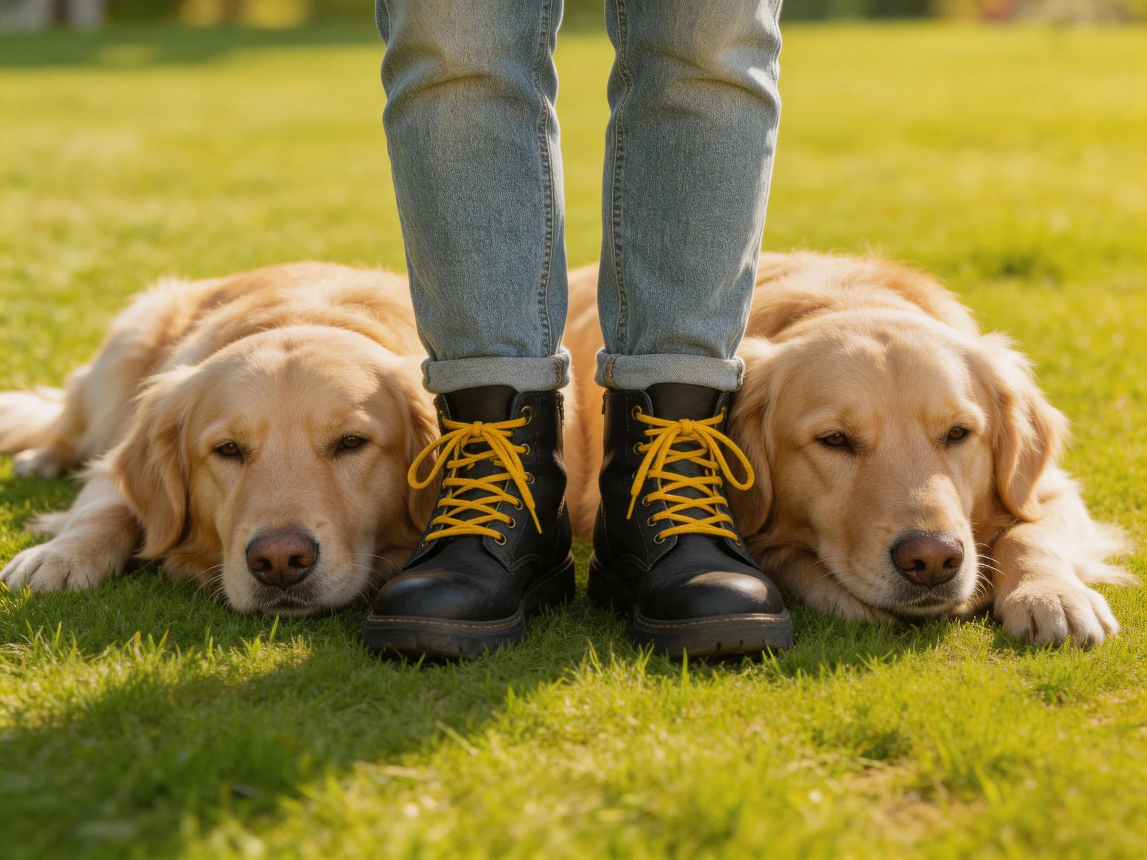 Two golden retrievers rest beside black boots with yellow laces on green grass
