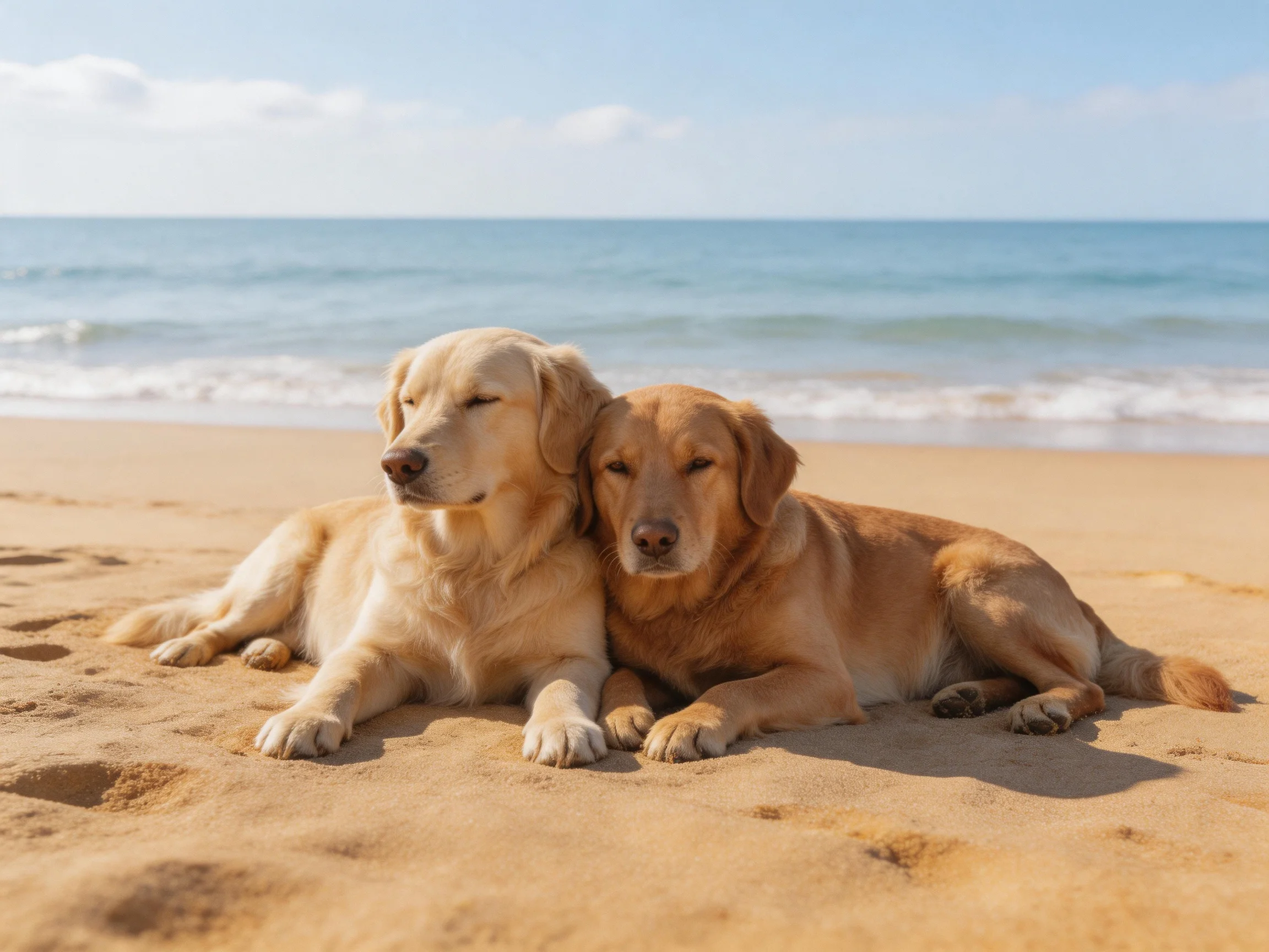 Two golden retrievers rest closely together on a sandy beach shoreline