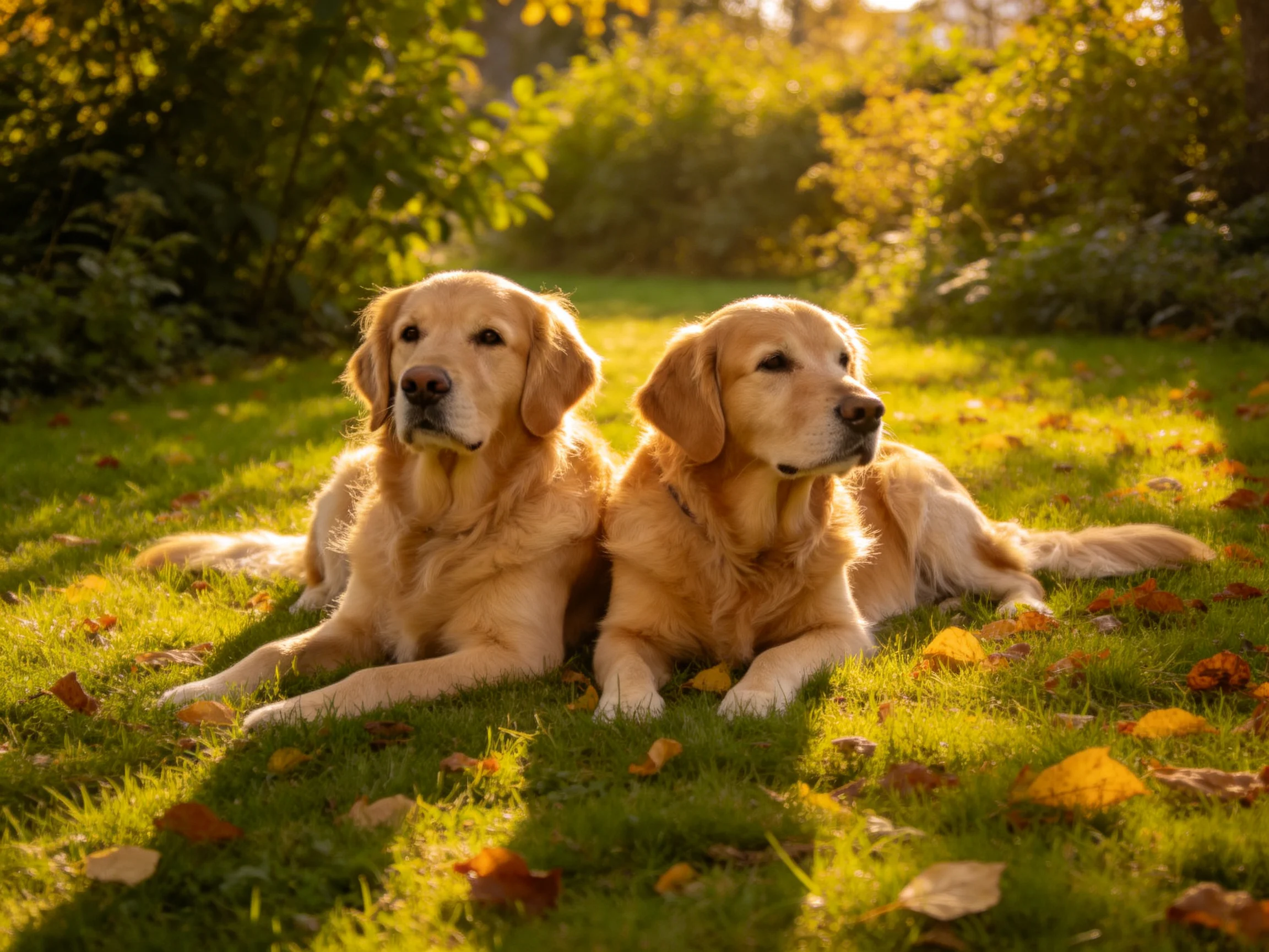Two golden retrievers rest on a sunlit grassy area with fallen leaves