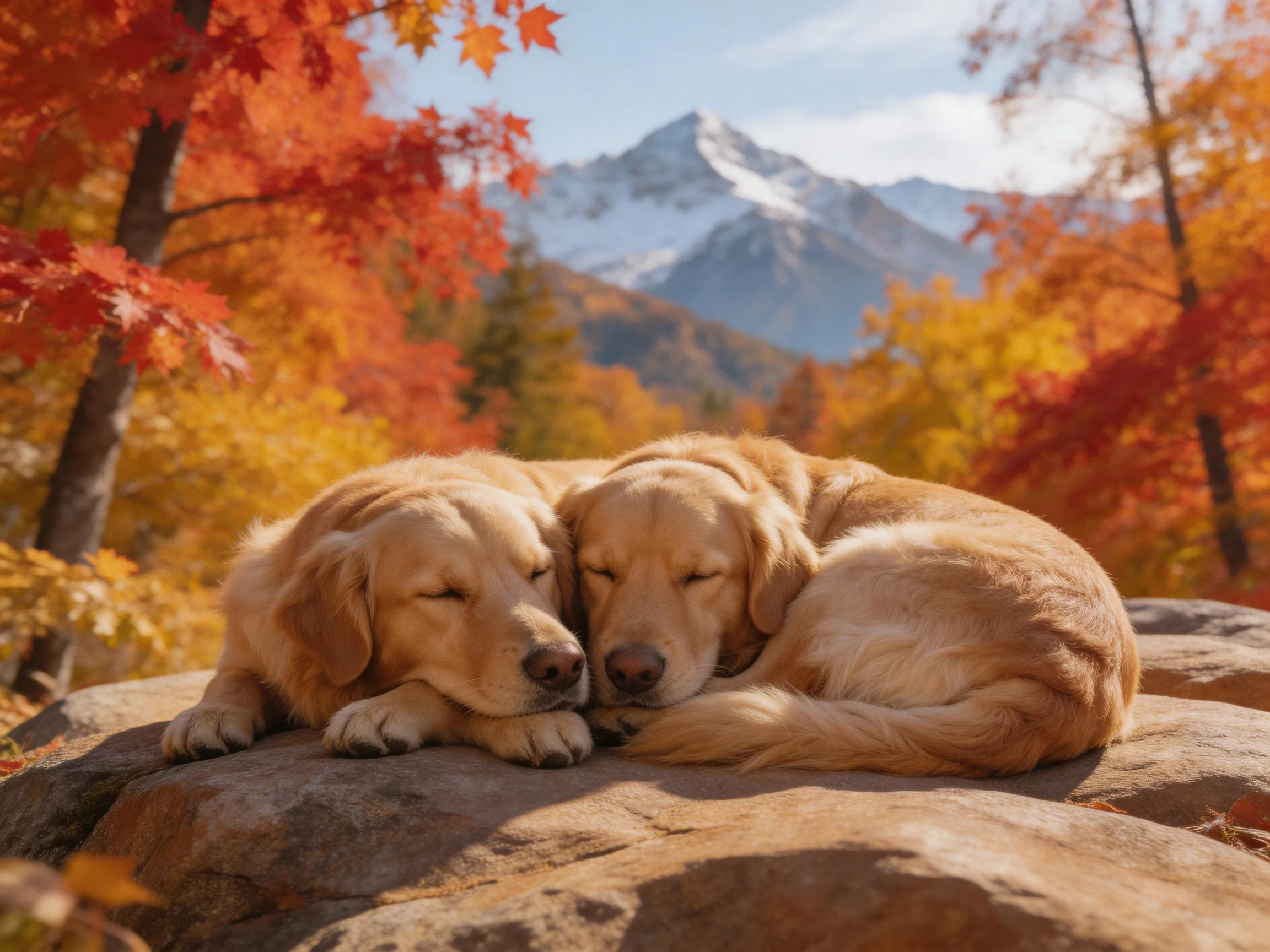 Two golden retrievers rest on rocks among vibrant fall foliage with snow-capped mountains behind
