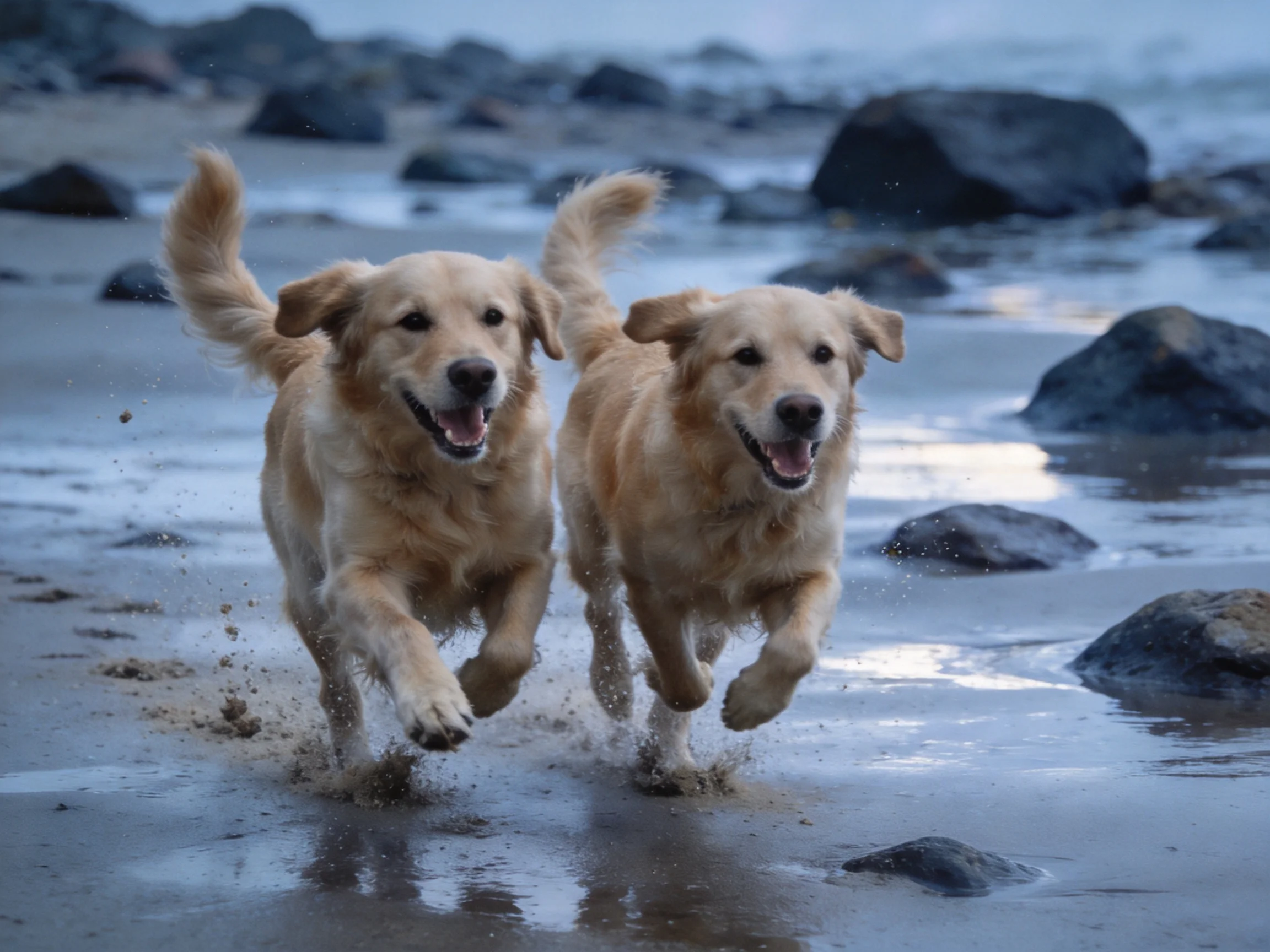 Two golden retrievers run joyfully along a rocky shoreline
