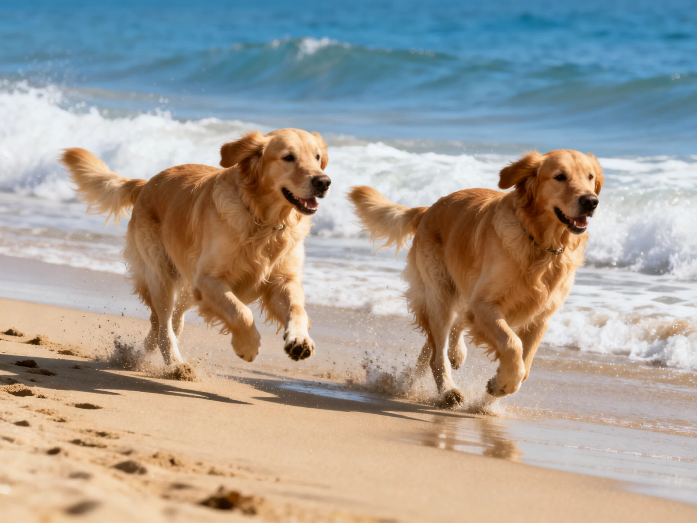 Two golden retrievers run joyfully on a sandy beach near crashing waves
