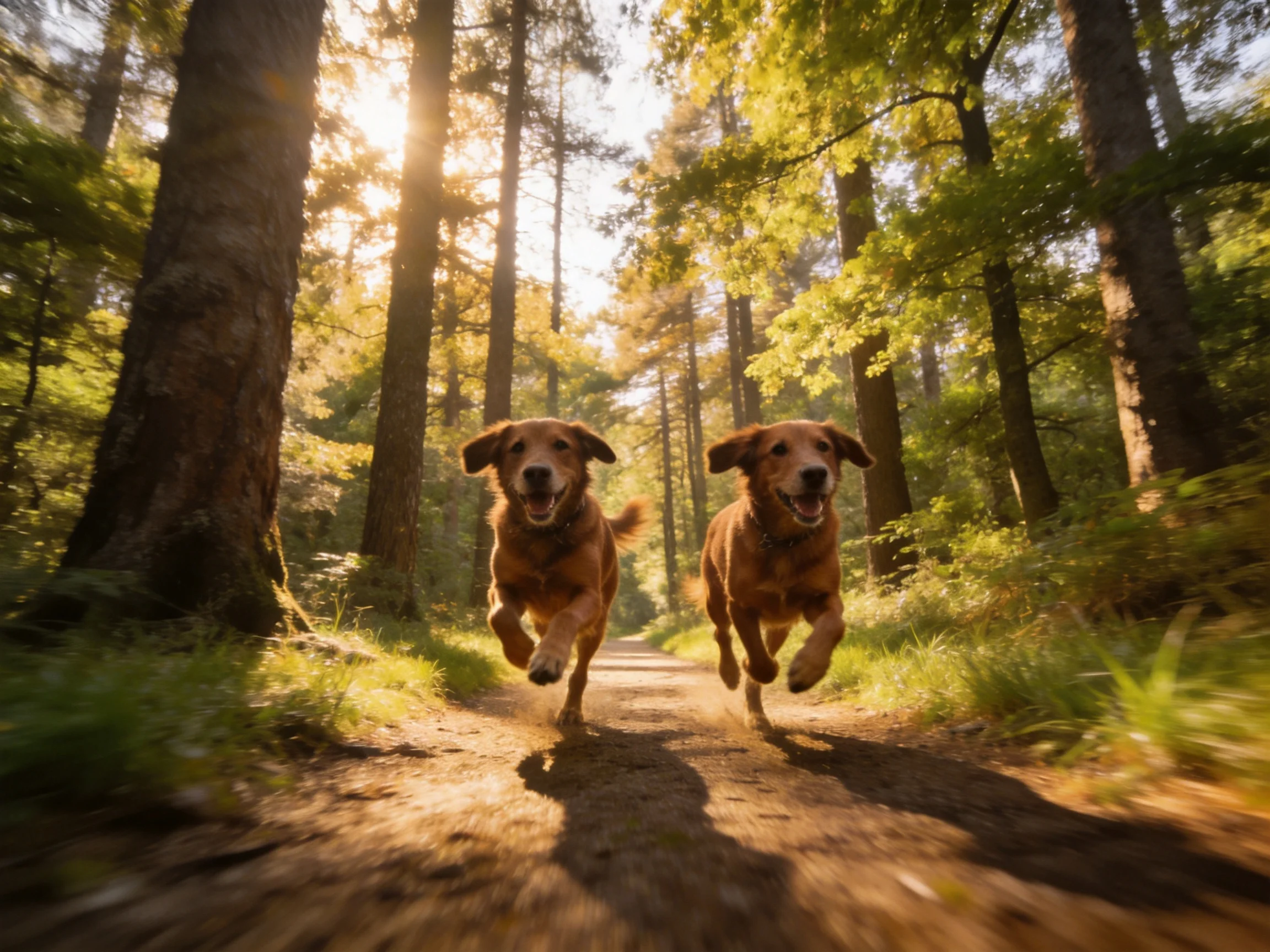 Two golden retrievers running through a sun-dappled forest path