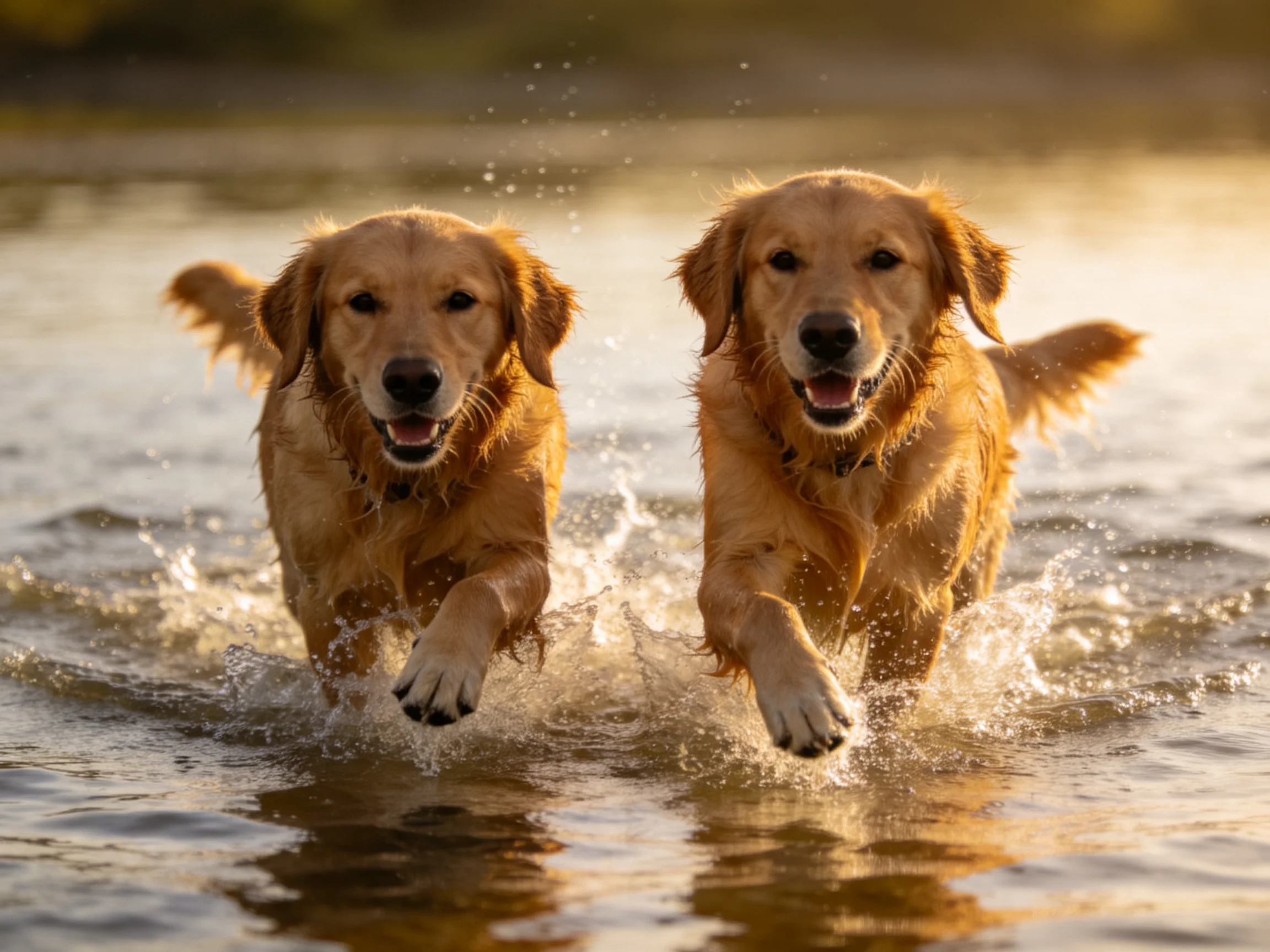 Two golden retrievers running through shallow water with splashing waves