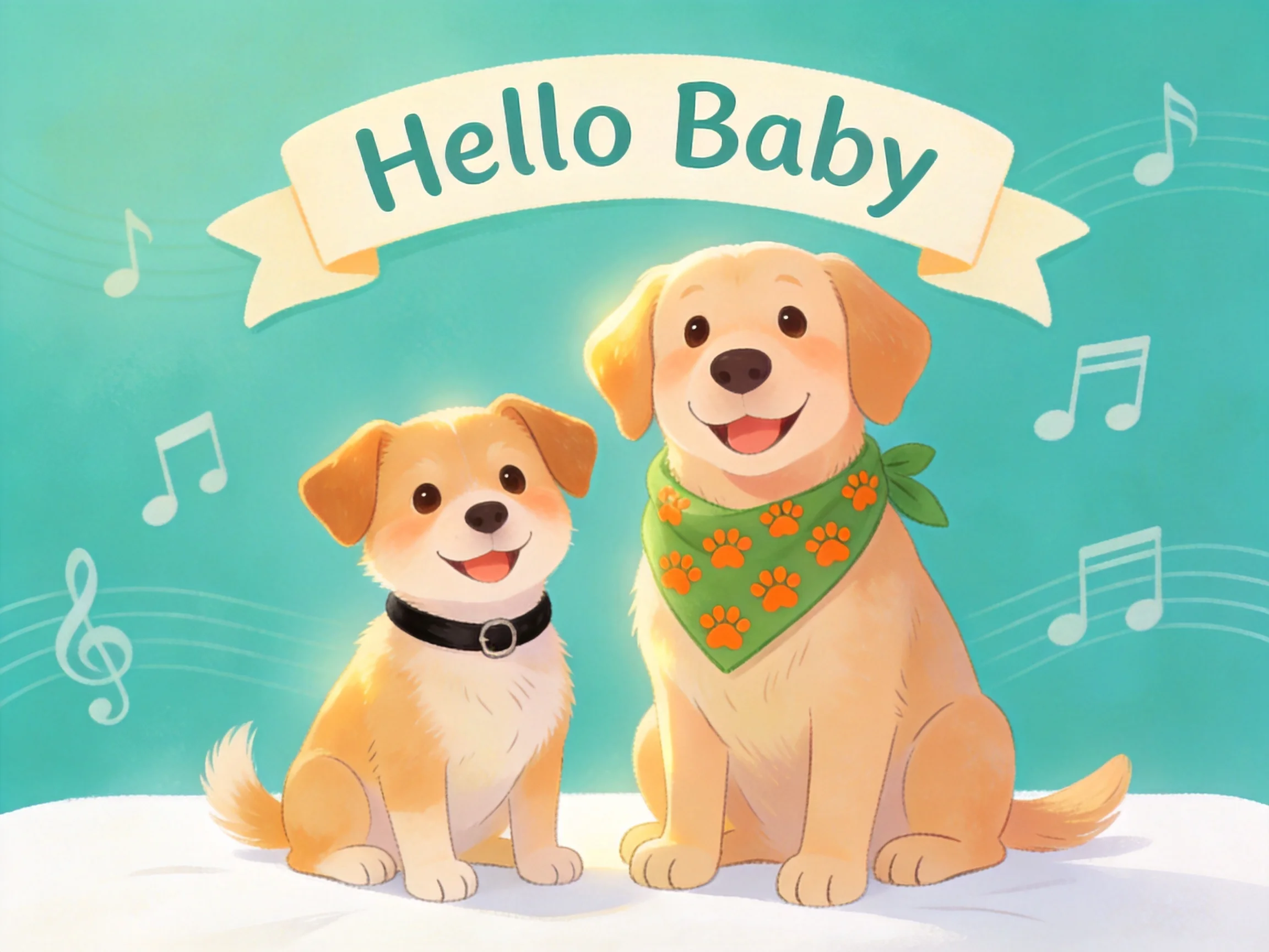 Two golden retrievers sit beside Hello Baby banner with musical notes