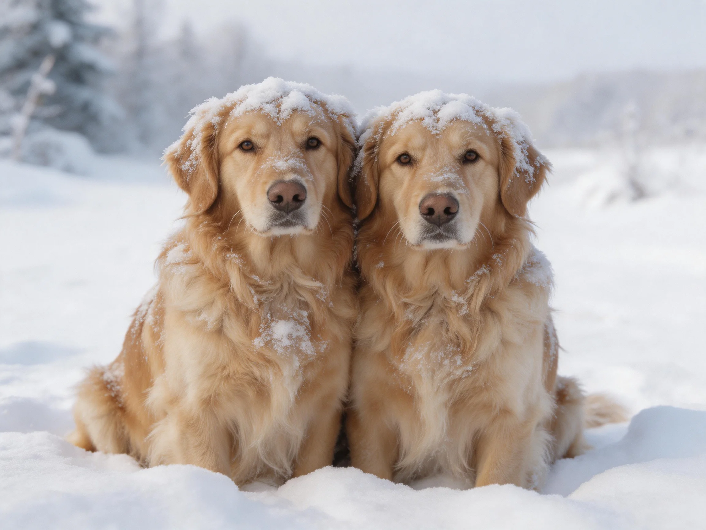 Two golden retrievers sit side by side in a snowy outdoor setting.