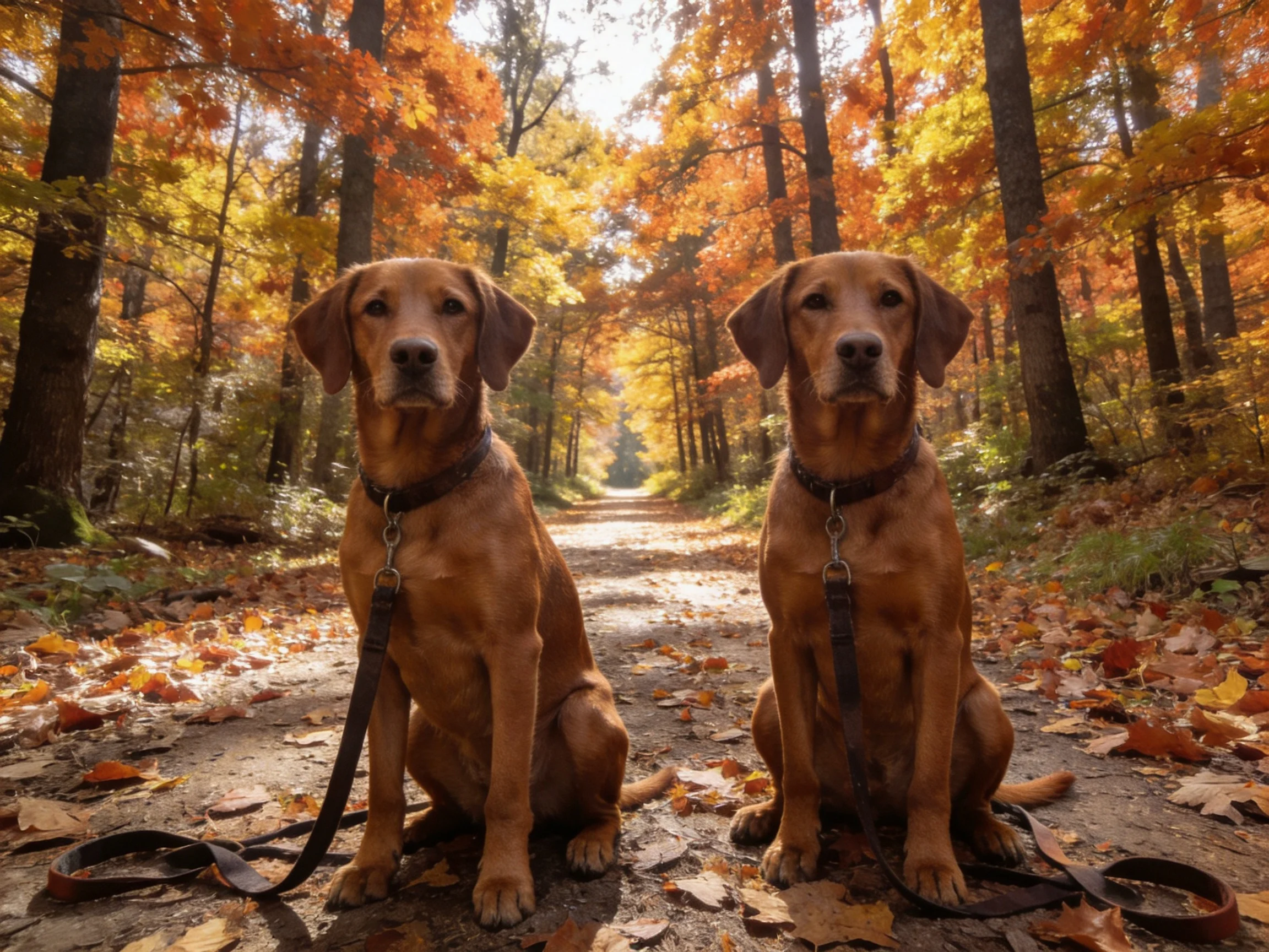 Two golden retrievers sit on a leaf-covered path in a vibrant autumn forest