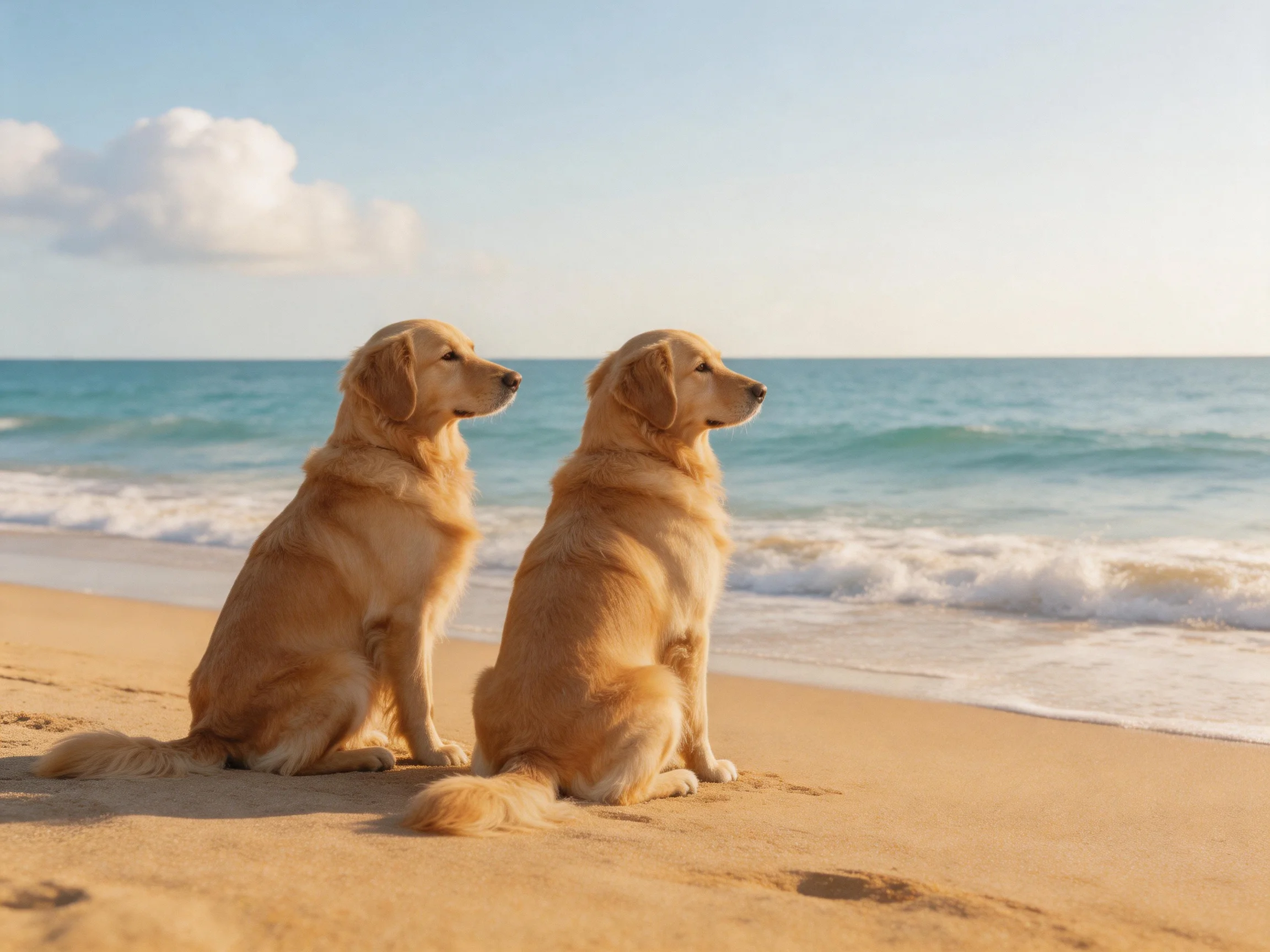 Two golden retrievers sit on sandy beach near turquoise ocean waves