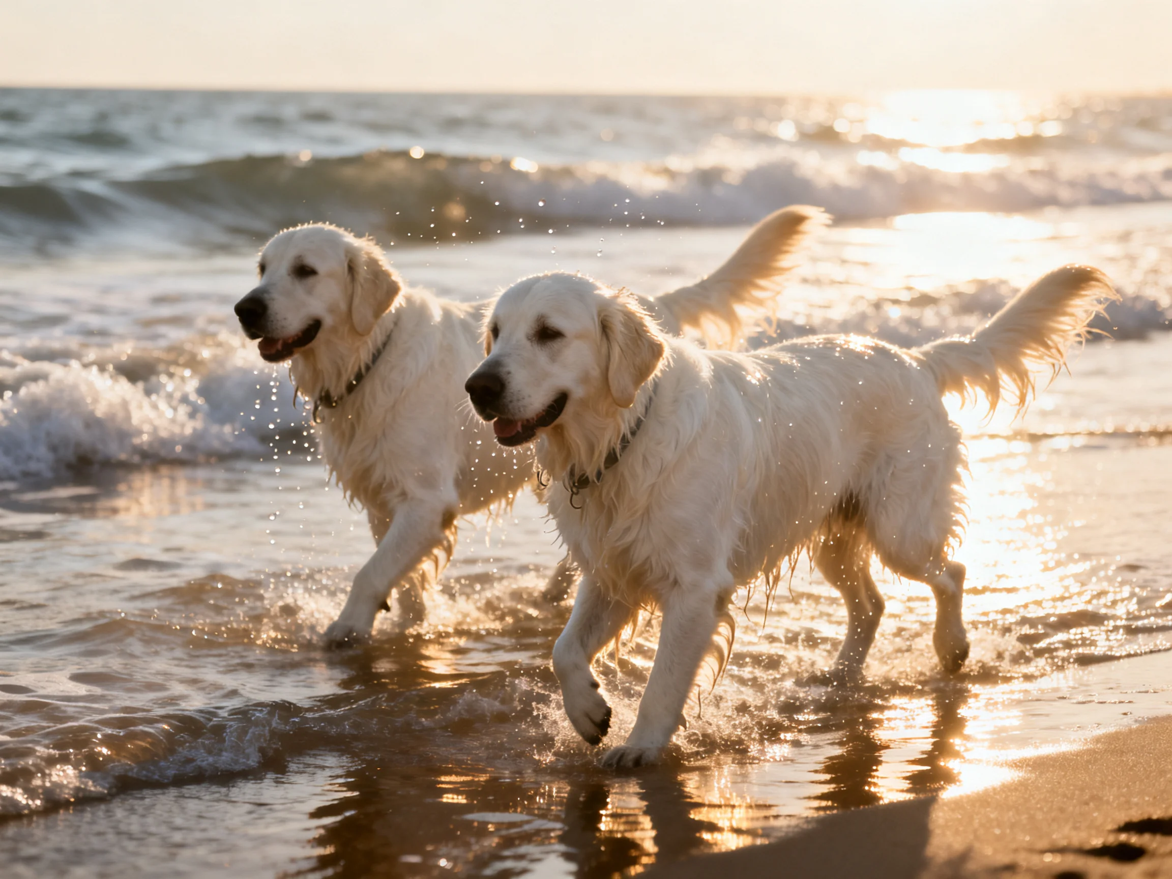 Two golden retrievers splash through shallow ocean waves on a sandy beach