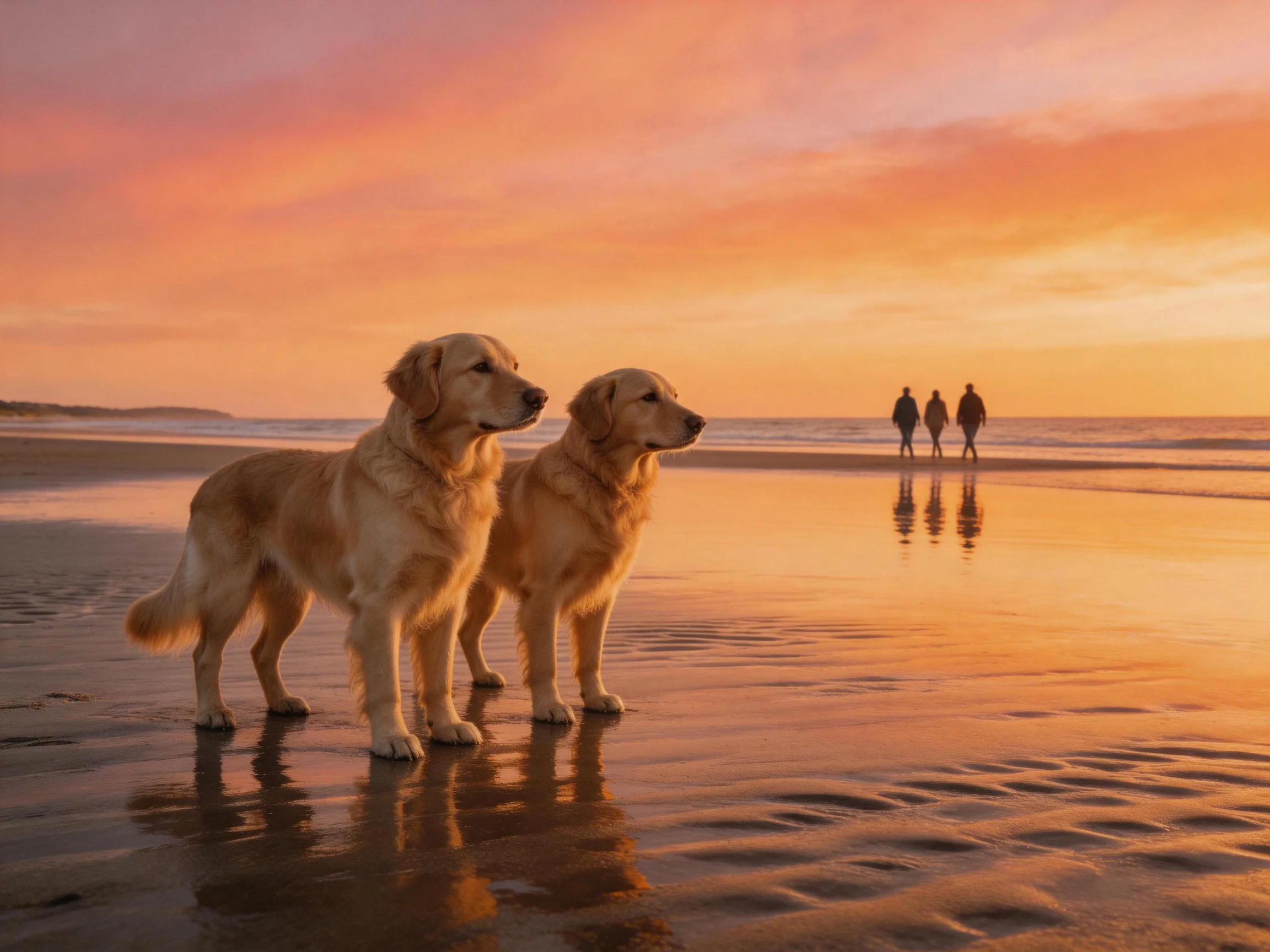 Golden retrievers stand on a sandy beach as people walk near the water at sunset.
