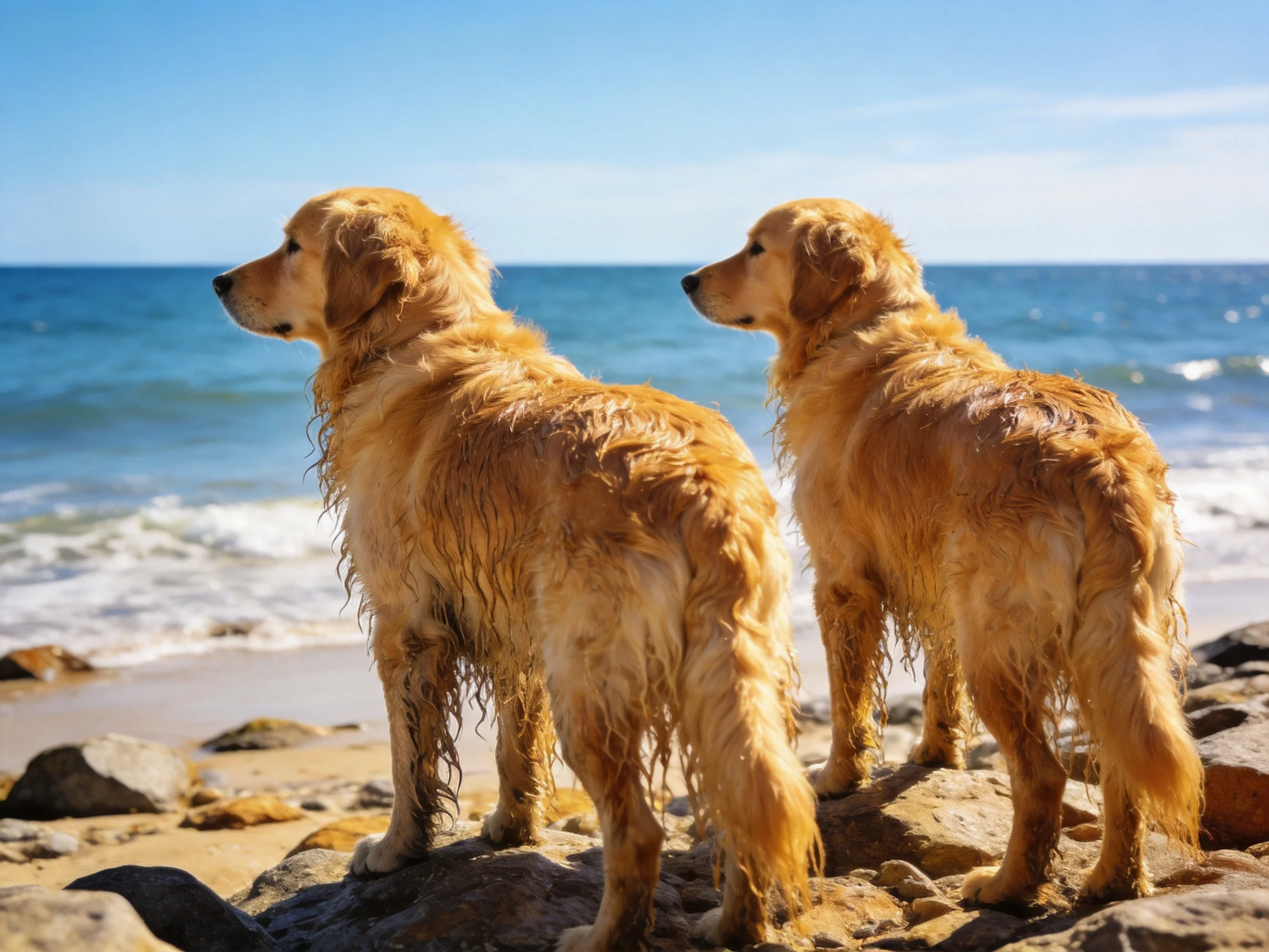 Two golden retrievers stand on rocky beach by blue ocean