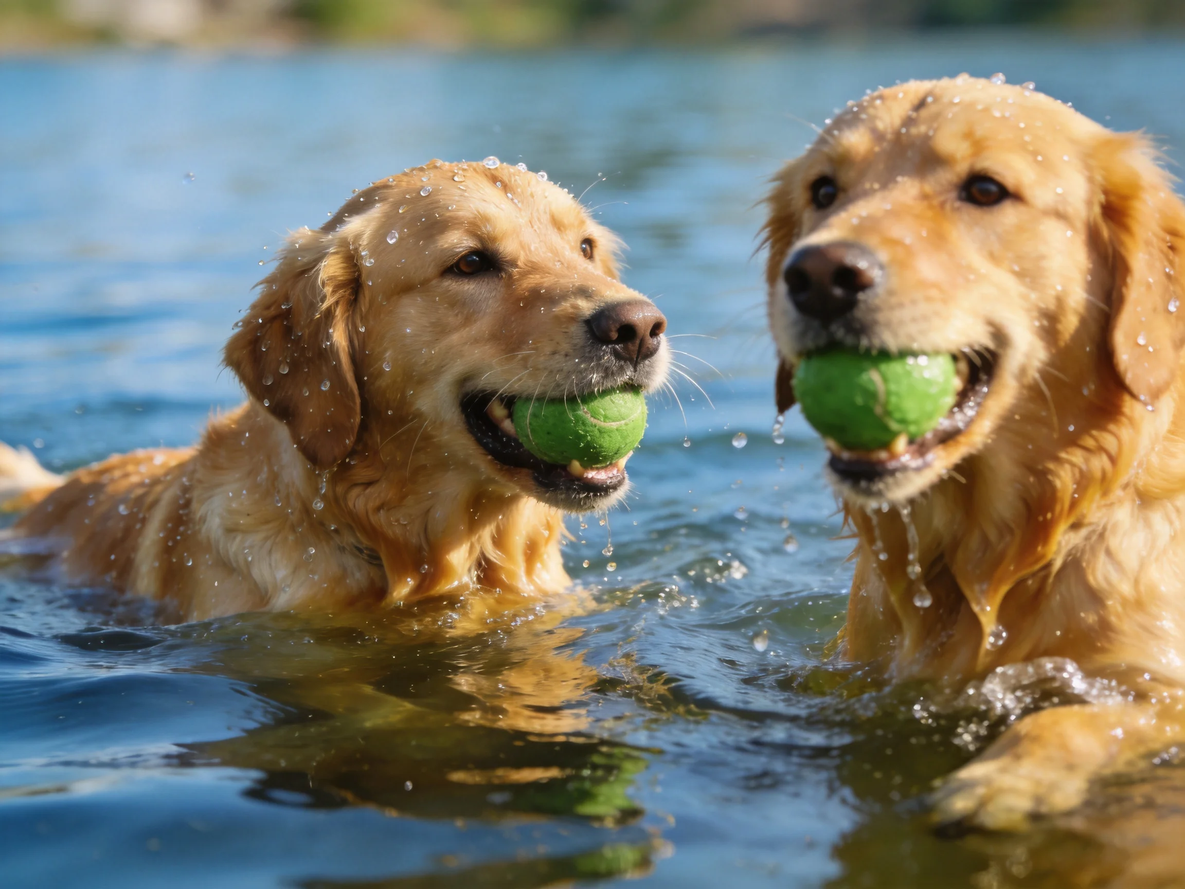 Two golden retrievers swim in blue water with bright green tennis balls