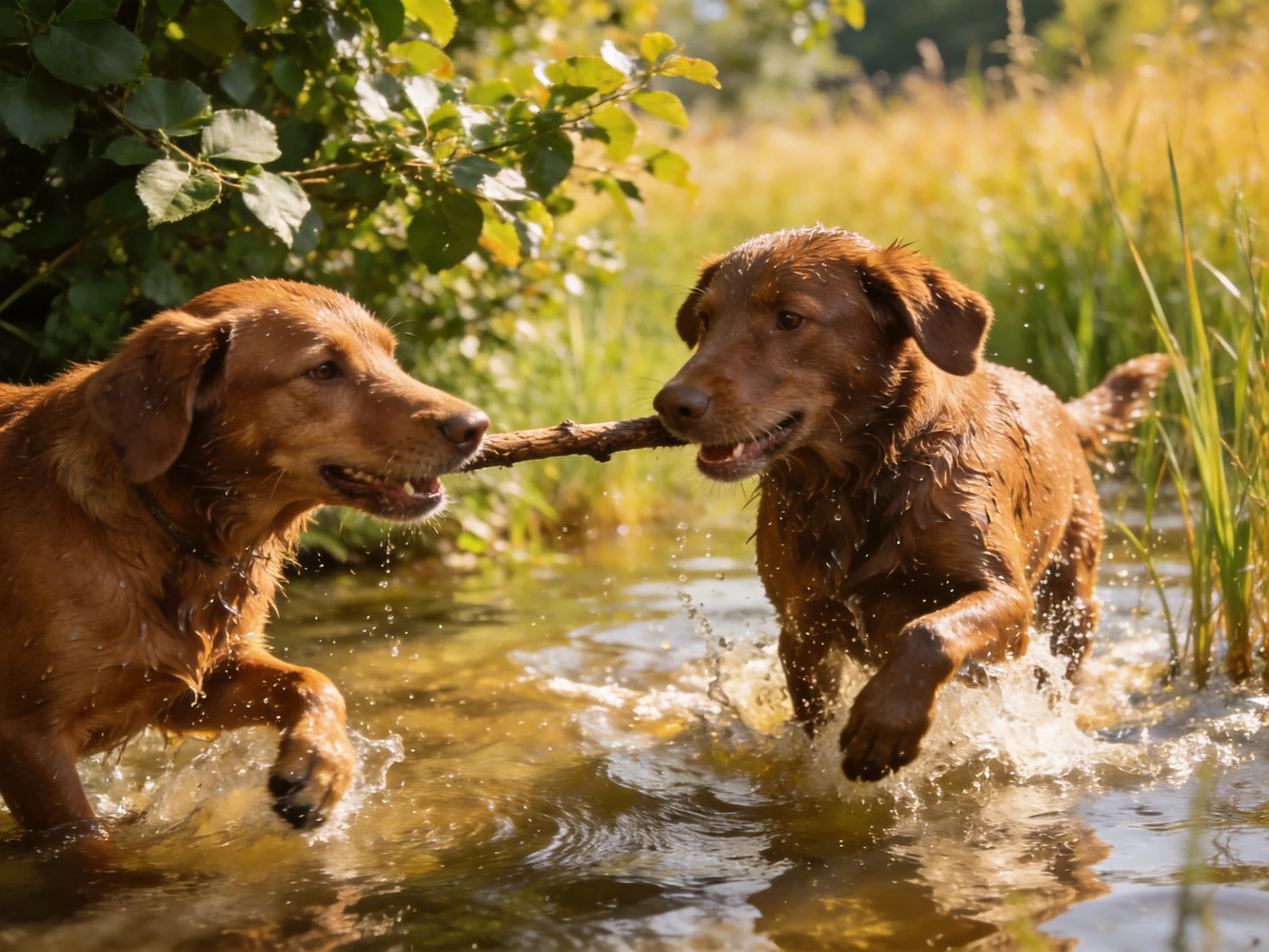 Two golden retrievers tugging a branch through shallow water