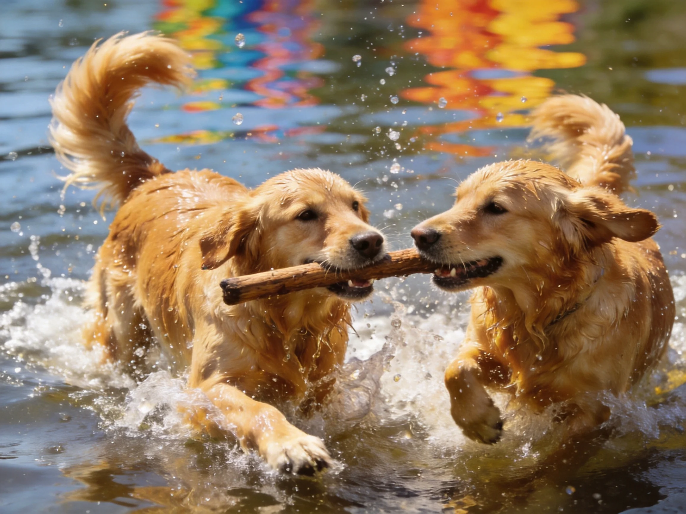 Two golden retrievers tugging a wooden stick through splashing water