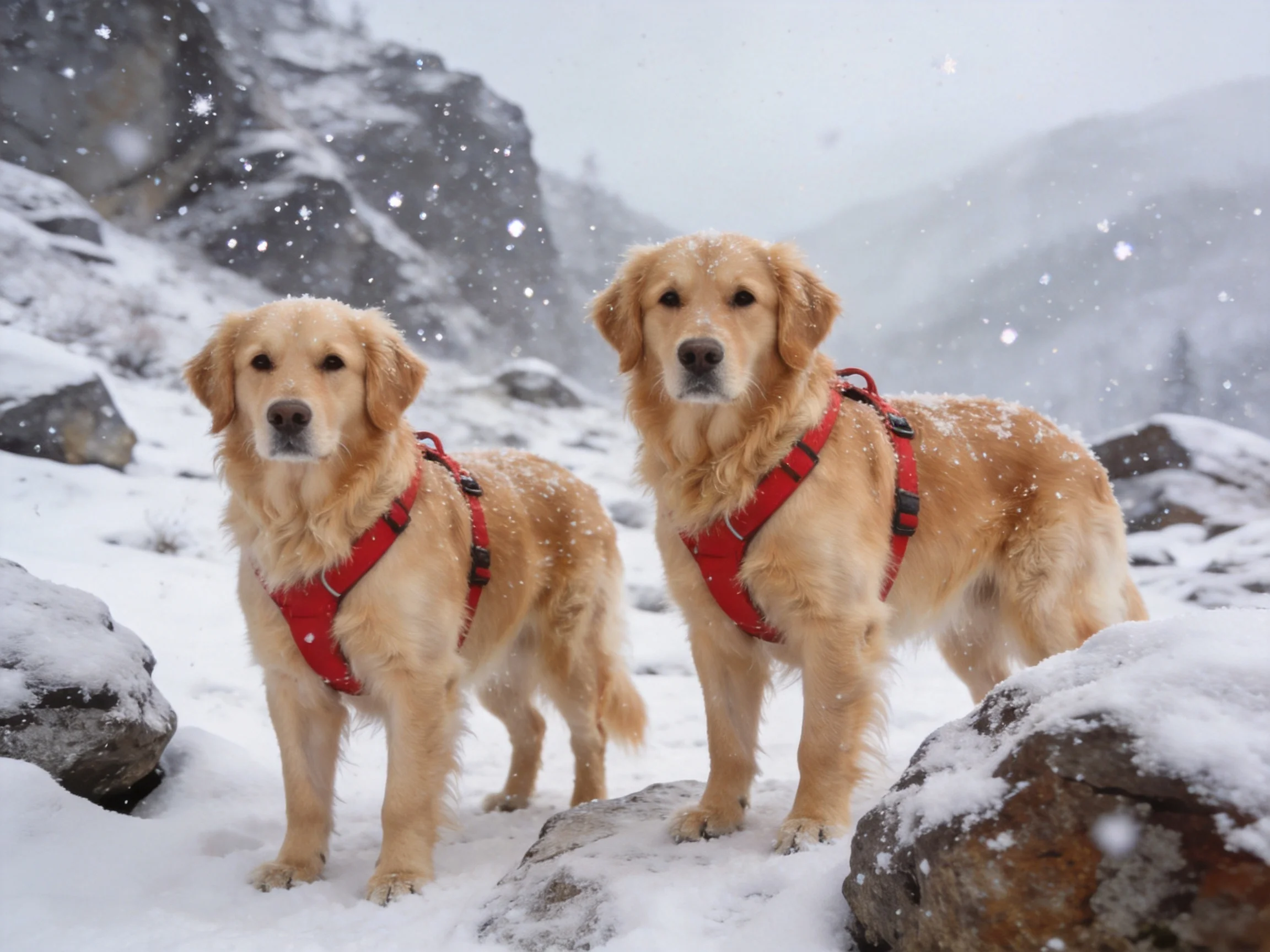 Two golden retrievers wear red harnesses in a snowy mountain landscape