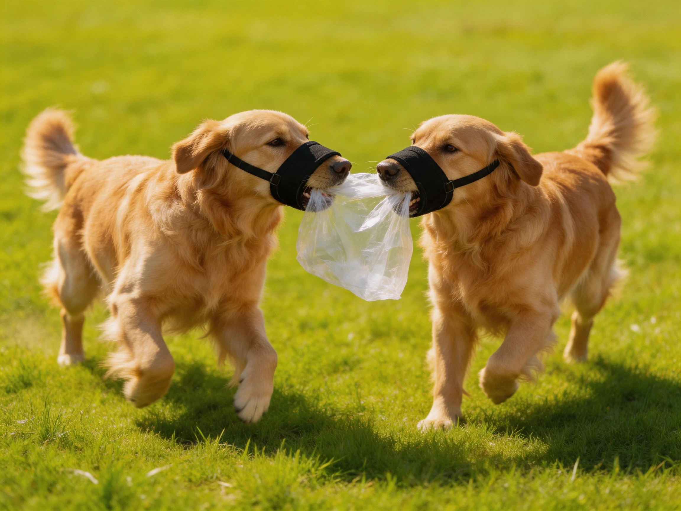 Two golden retrievers with black masks carry a plastic bag on a green lawn