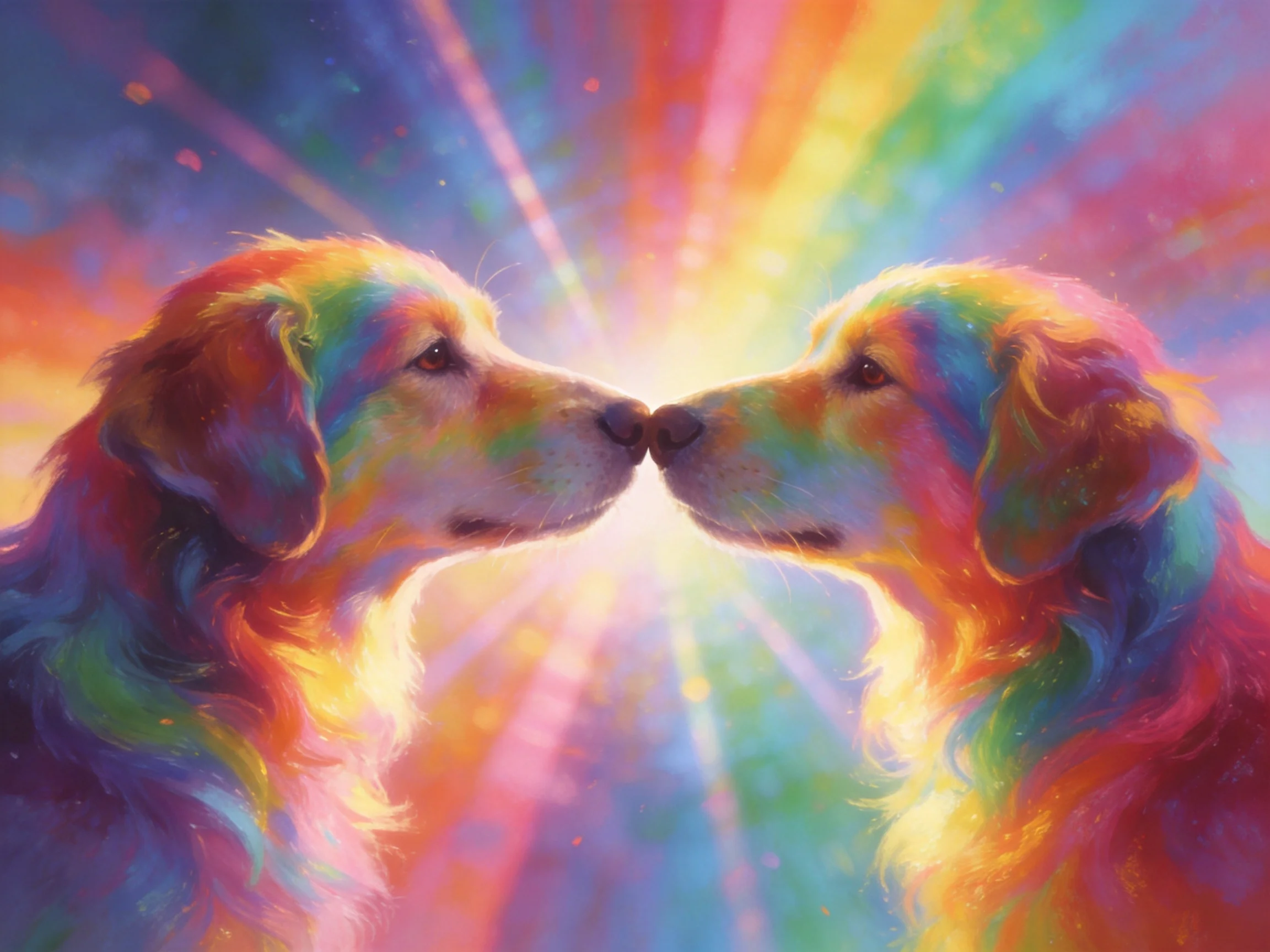 Two golden retrievers with rainbow-colored fur facing each other